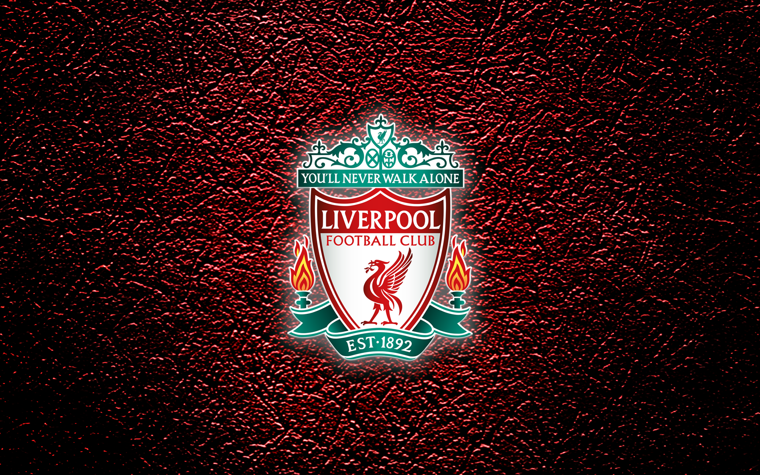 Logo of football club Liverpool on a red leather background