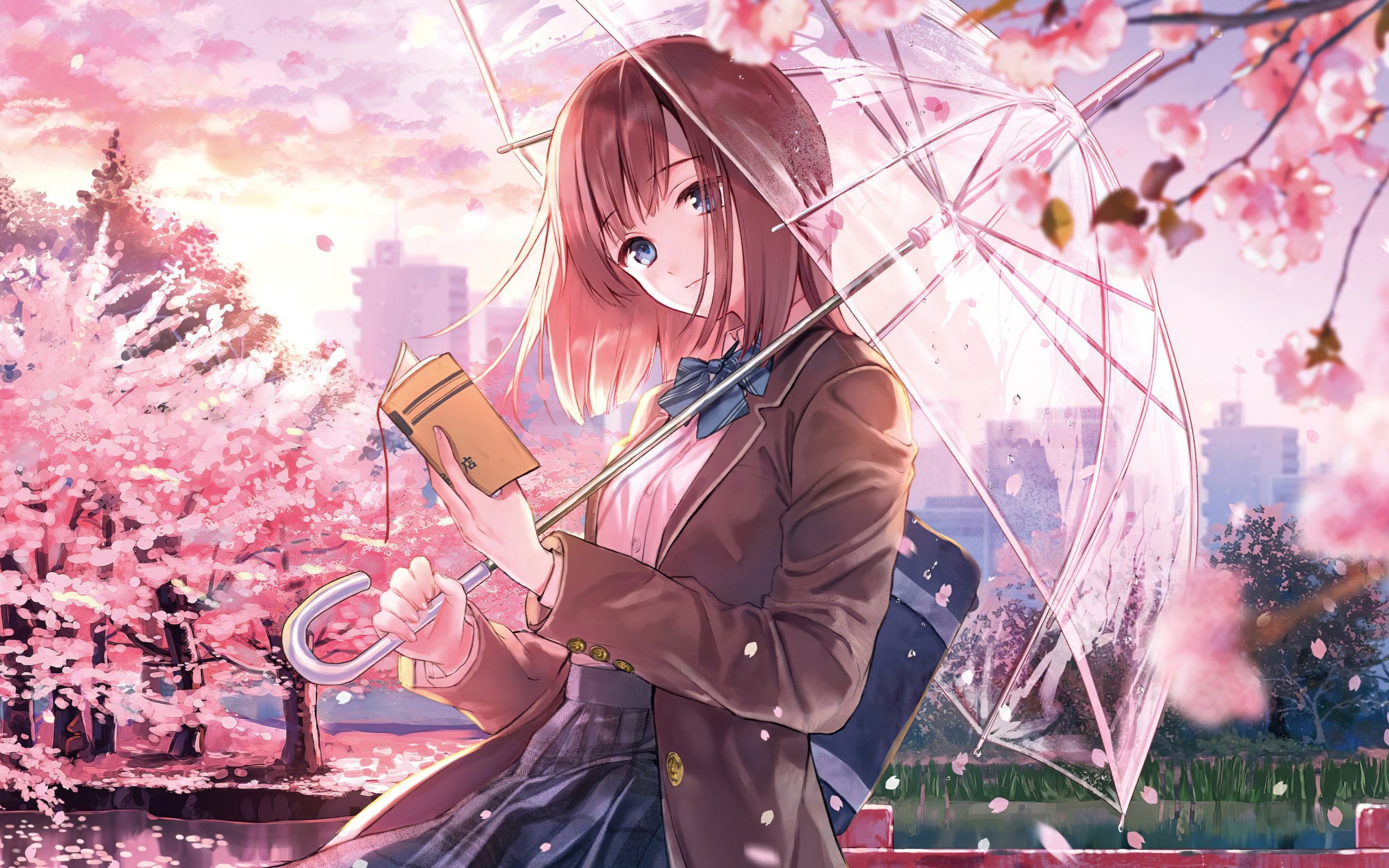 Девушка аниме с книгой и зонтом в руке 