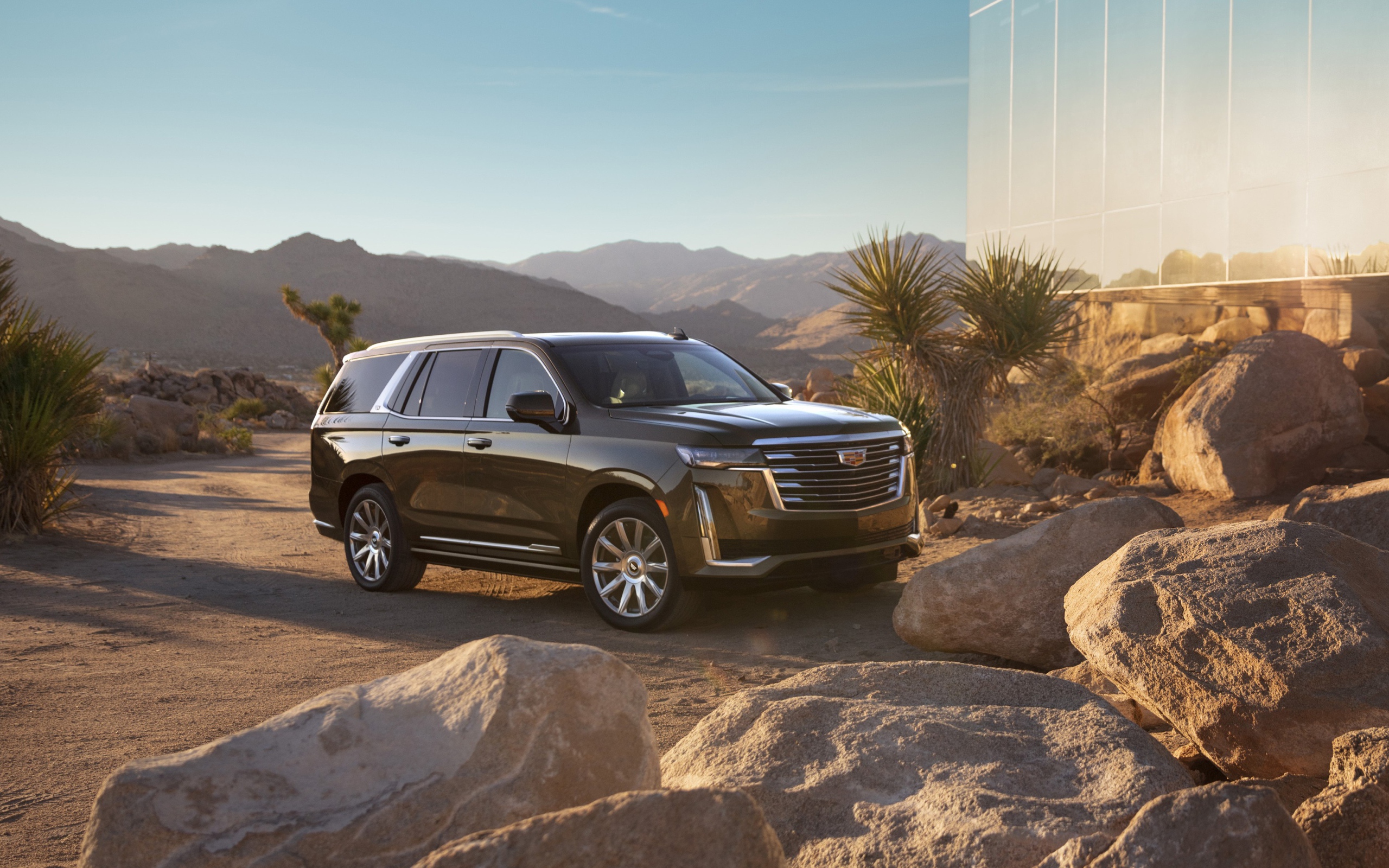 Черный внедорожник  Cadillac Escalade Platinum Luxury, 2021 года у камней
