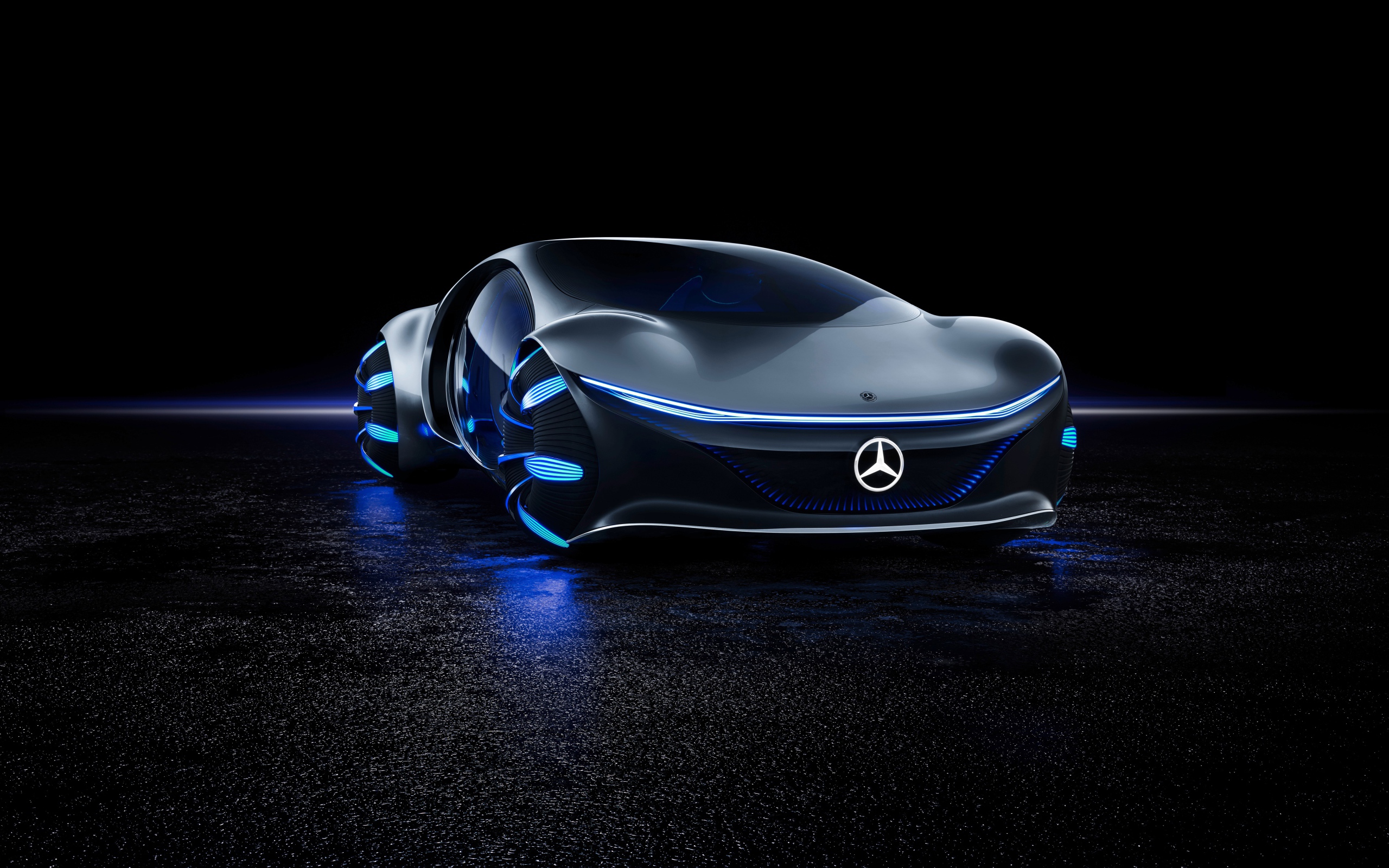 Футуристический автомобиль Mercedes-Benz VISION AVTR 2020 года на черном фоне