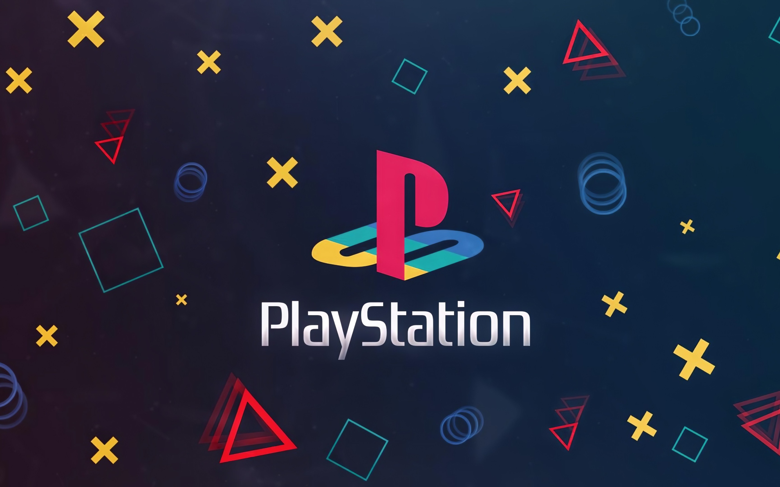 Логотип PlayStation на синем фоне с геометрическими фигурами