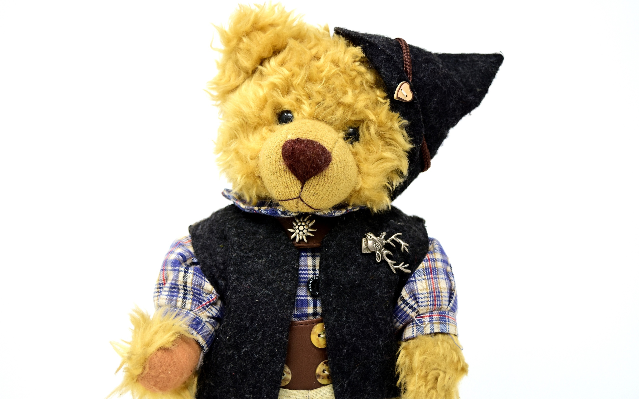 Медвежонок Тедди в костюме на белом фоне