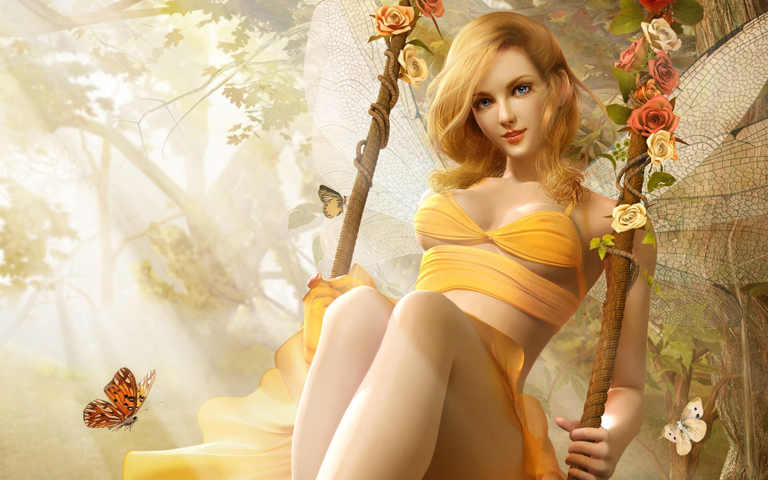 Красивая девушка эльф катается на качели