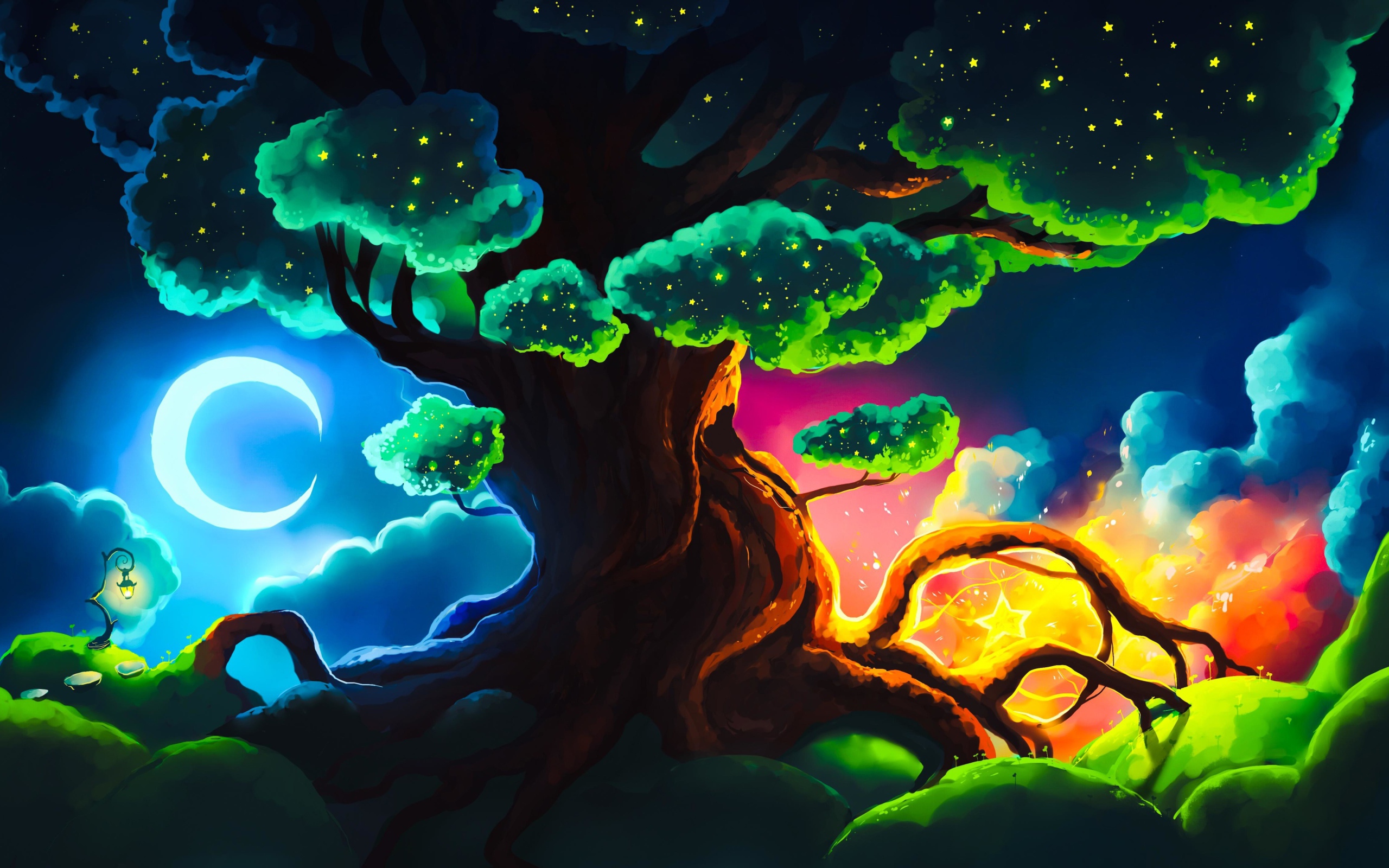 Большое фантастическое дерево ночью