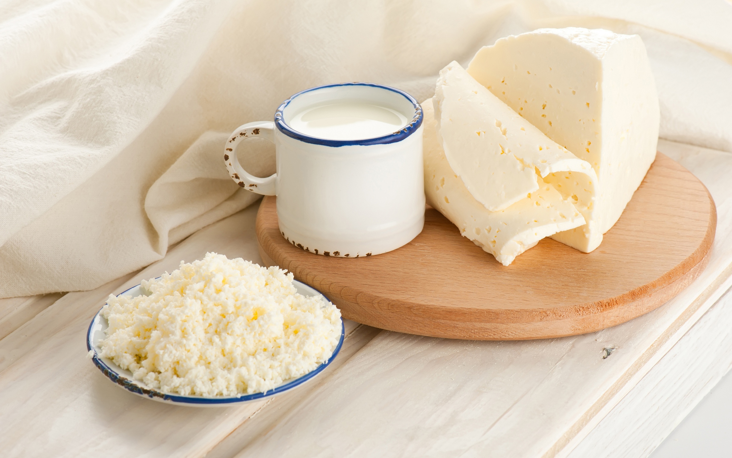 Cottage cheese, cheese and a mug of milk on the table