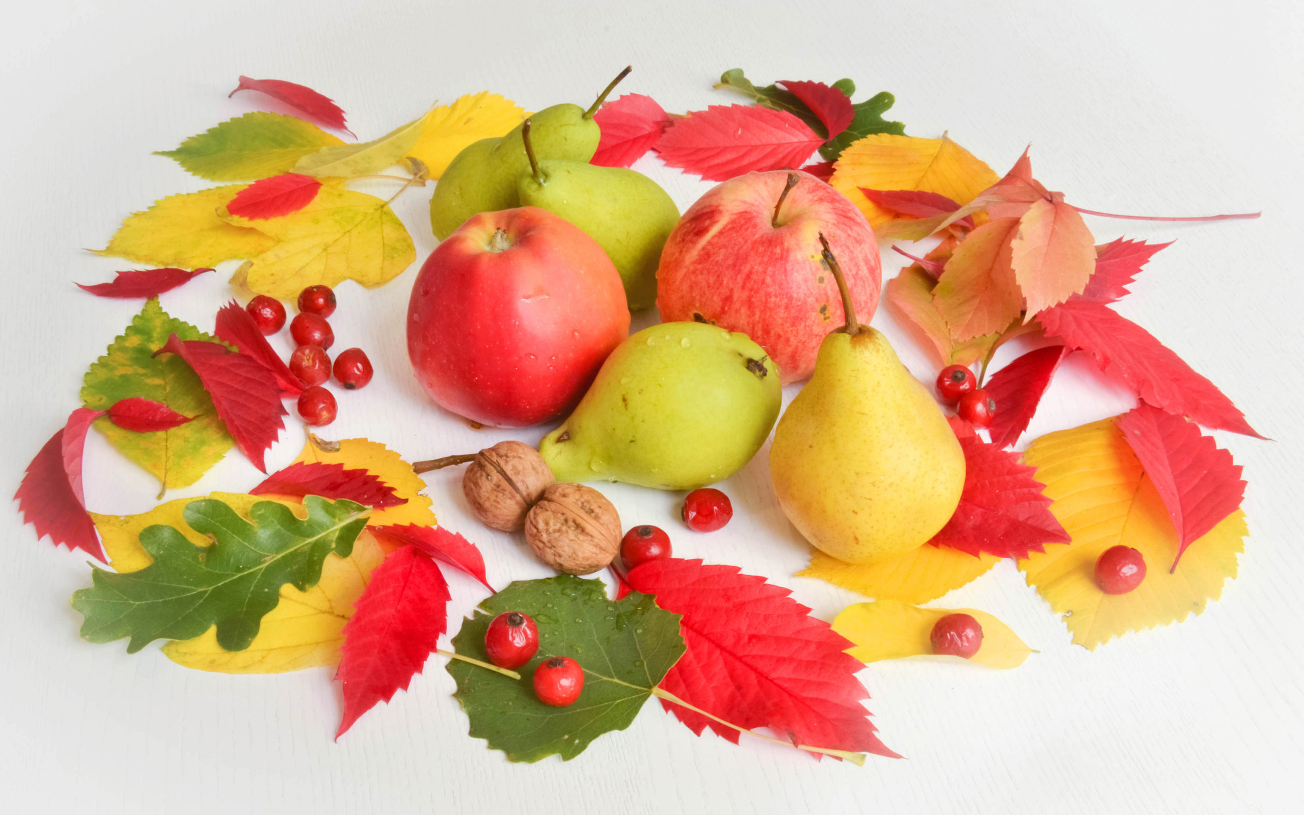 Яблоки и груши с опавшими листьями на белом фоне