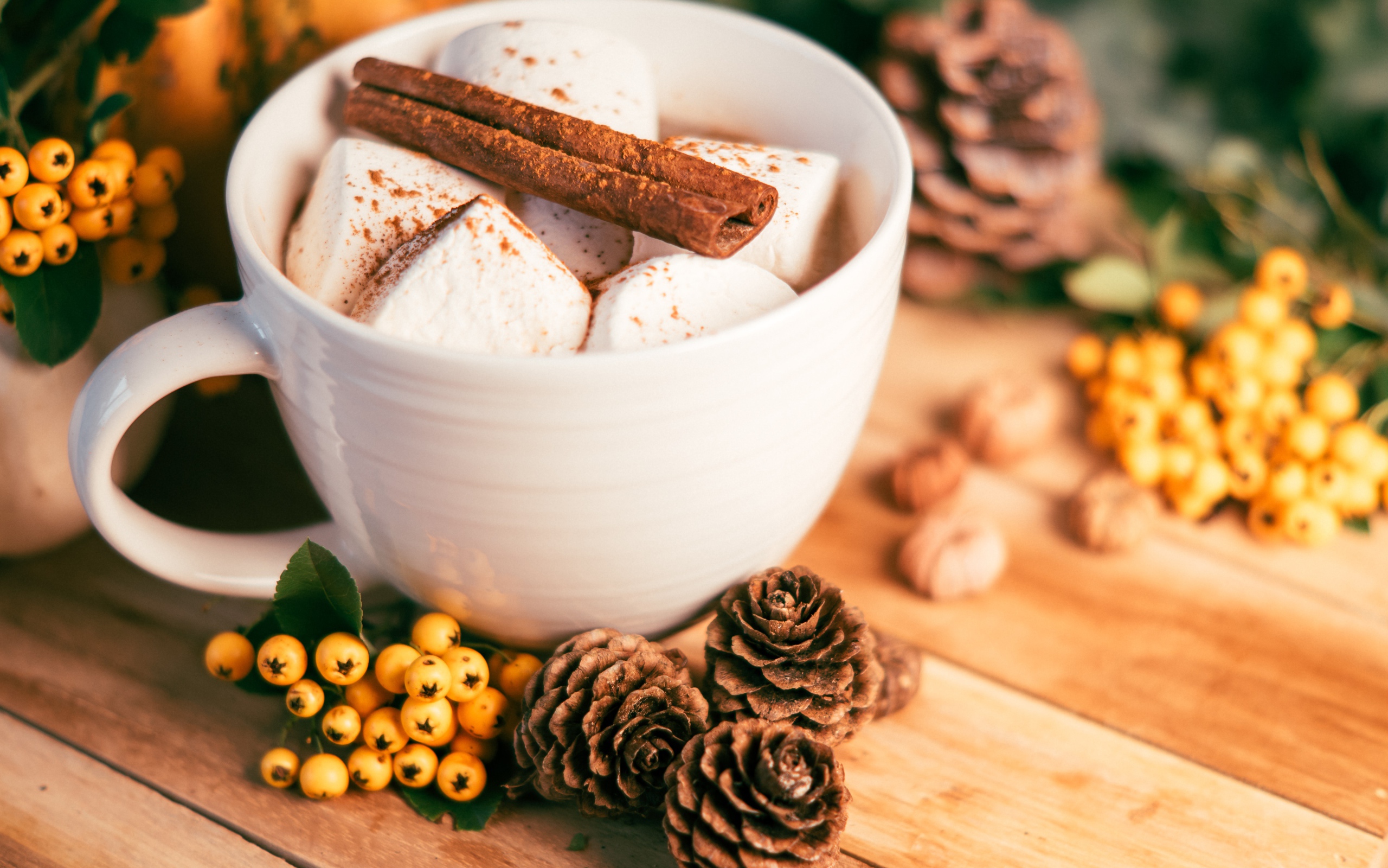 Маршмеллоу в чашке с корицей на столе с шишками и гроздьями рябины