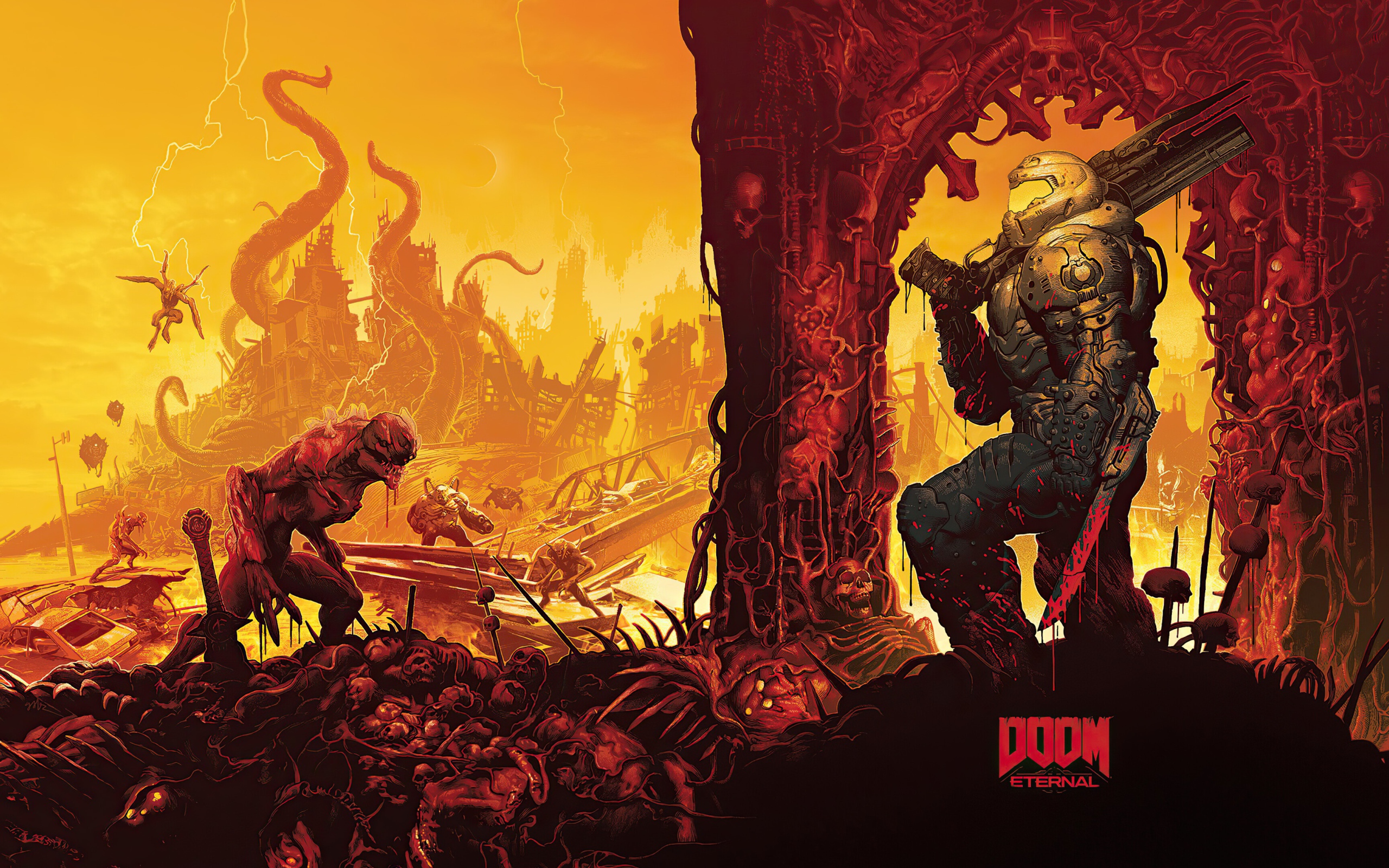 Солдат и монстры из компьютерной игры Doom Eternal, 2020