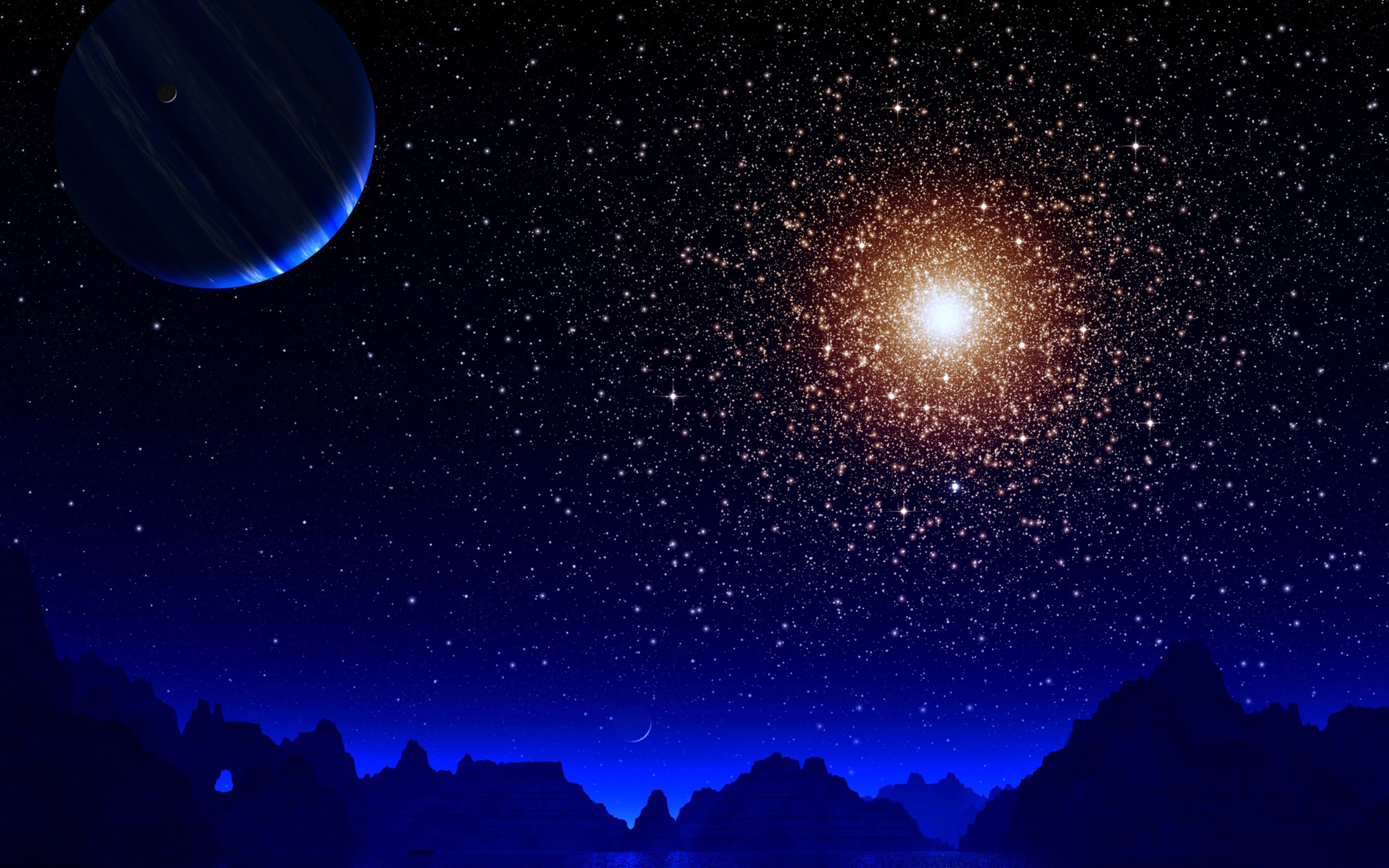 Яркая звезда в небе  с планетой над горами