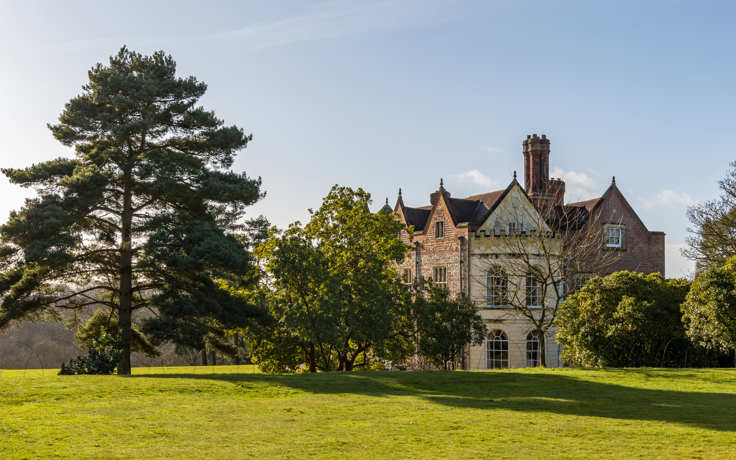 Красивый дом с деревьями и зеленым газоном