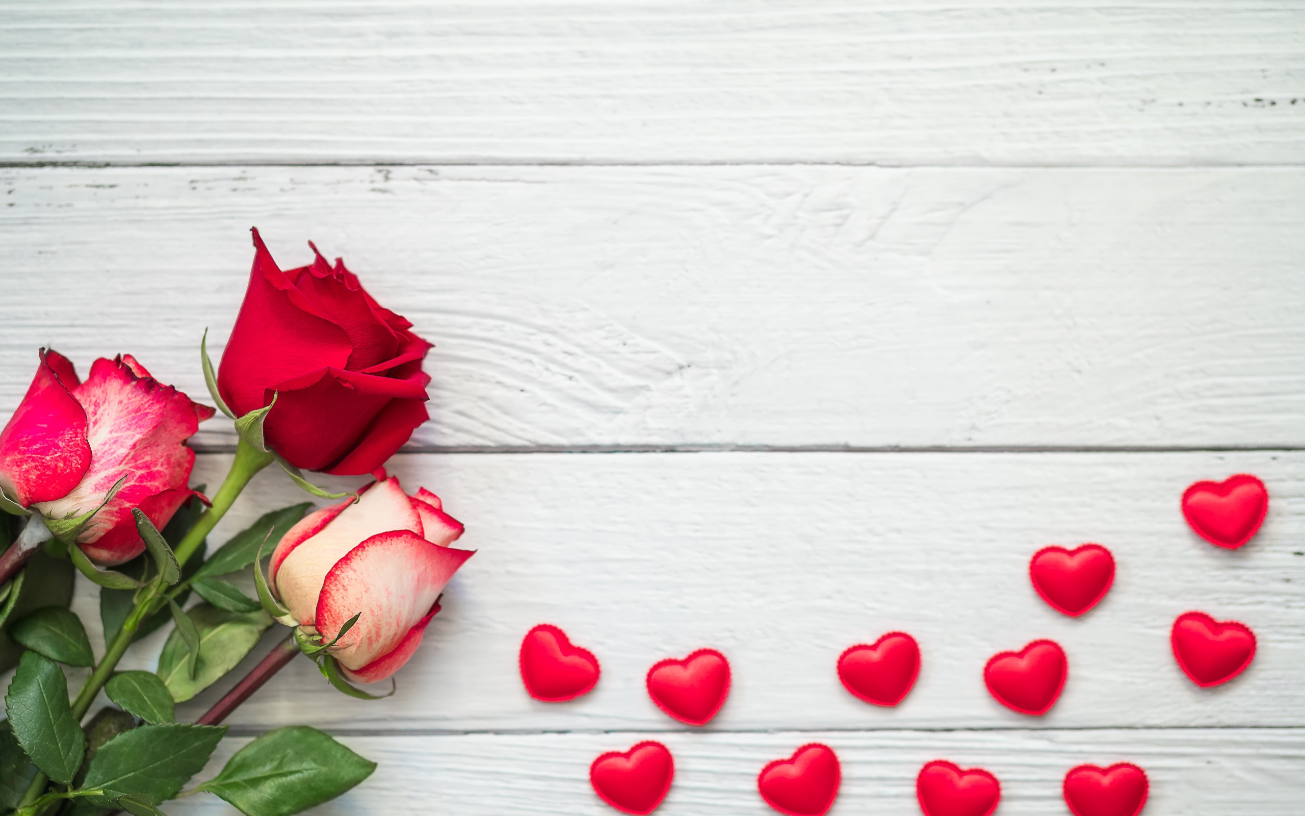 Три свежие розы на сером столе с красными сердечками