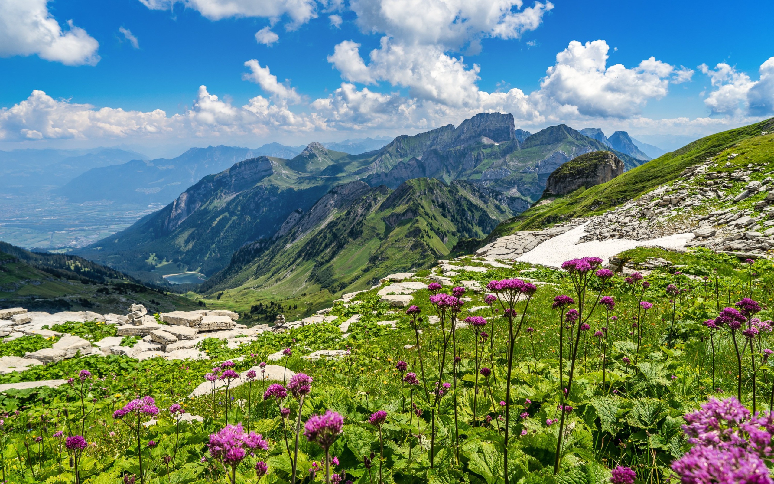 Красивая живописная природа у гор под голубым небом с белыми облаками