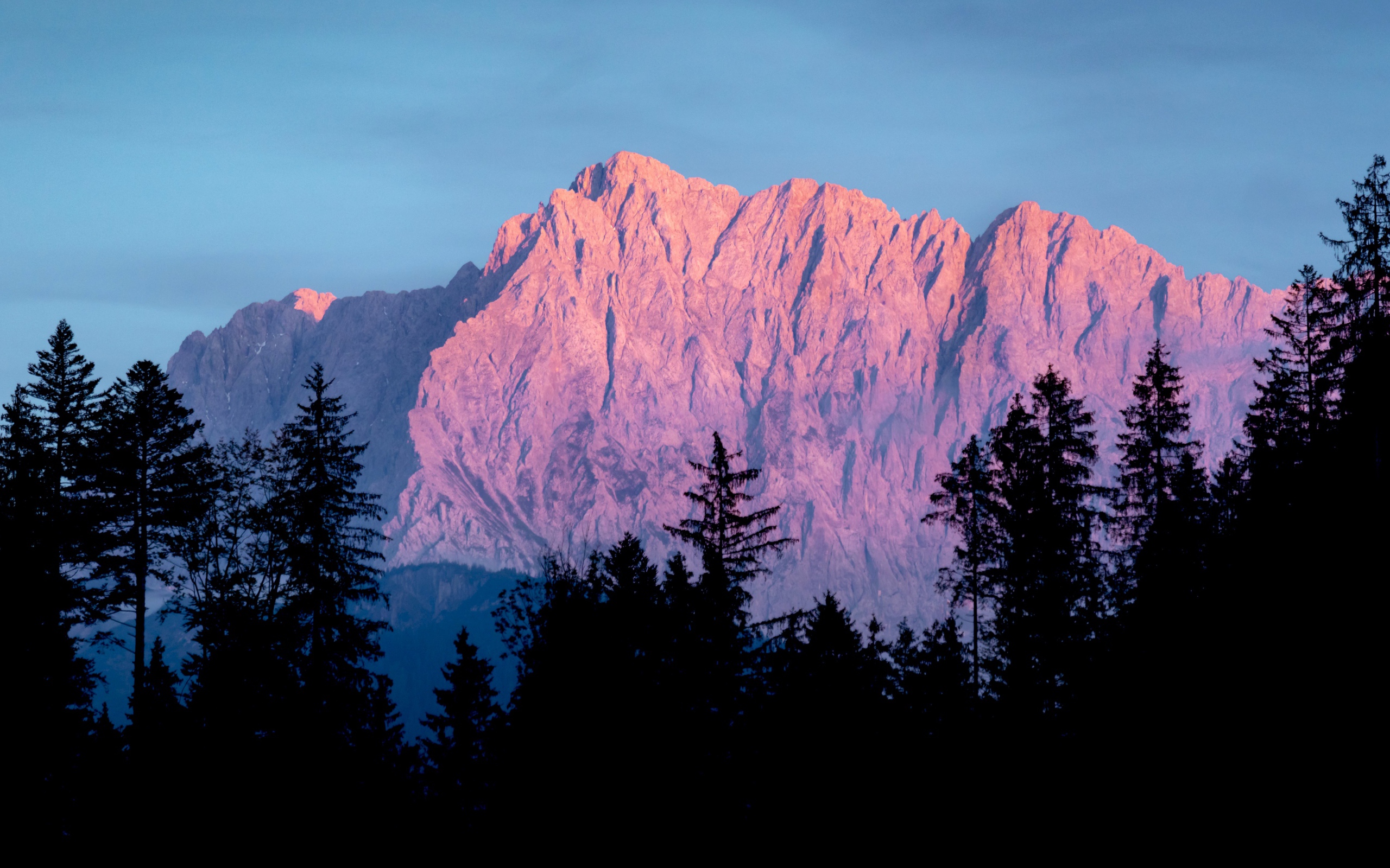Высокие горы в лучах солнца у хвойного леса 