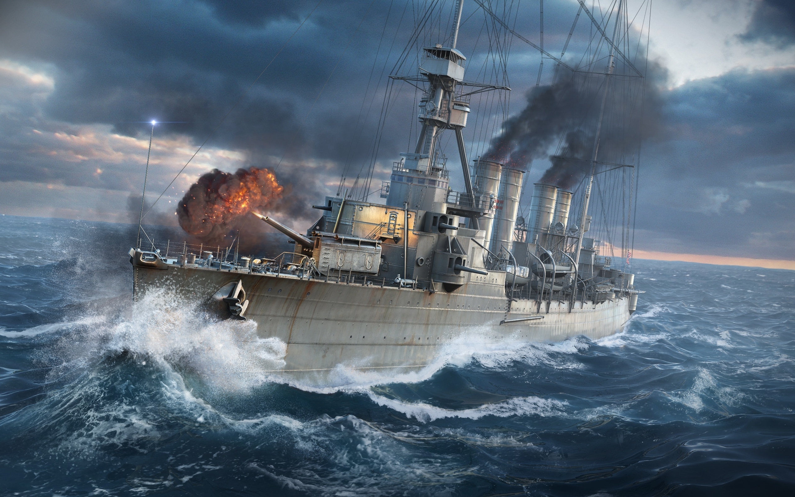 Military battleship at sea during a storm