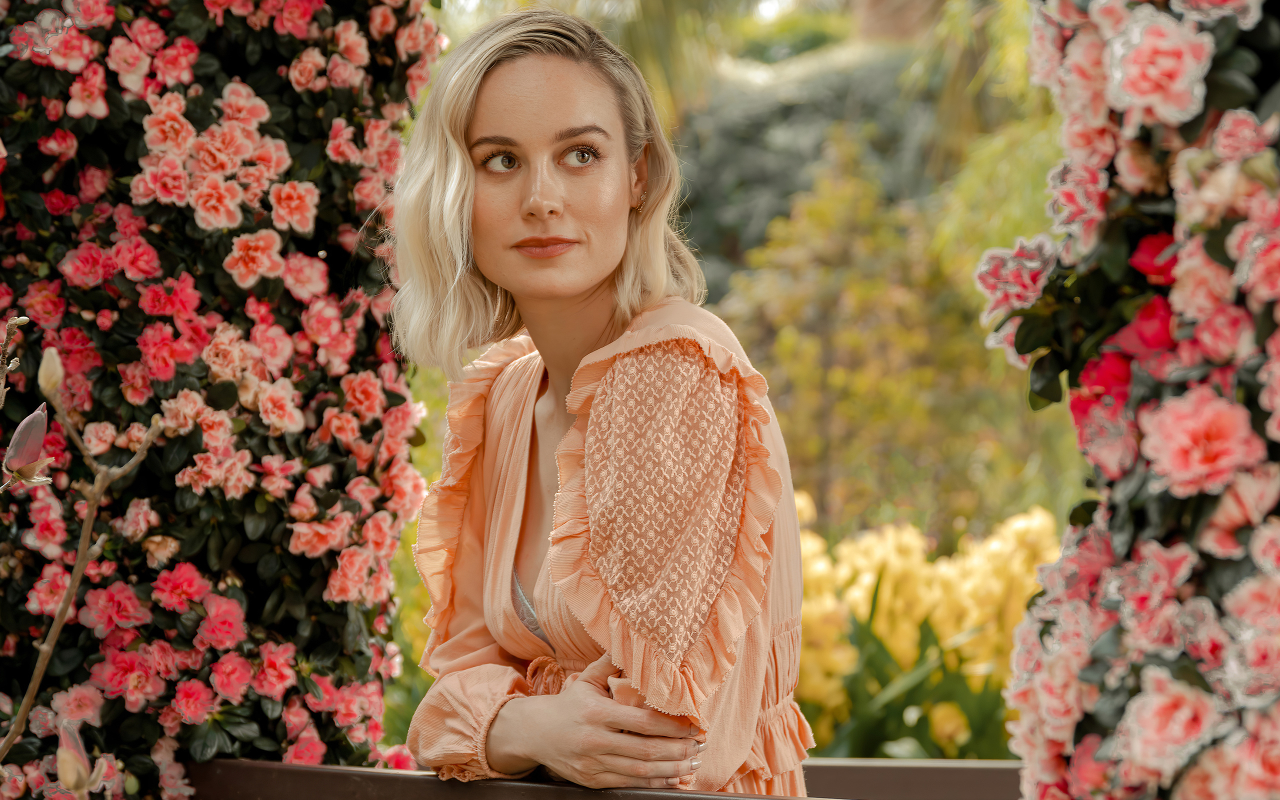 Актриса Бри Ларсон сидит у кустов с розовыми цветами