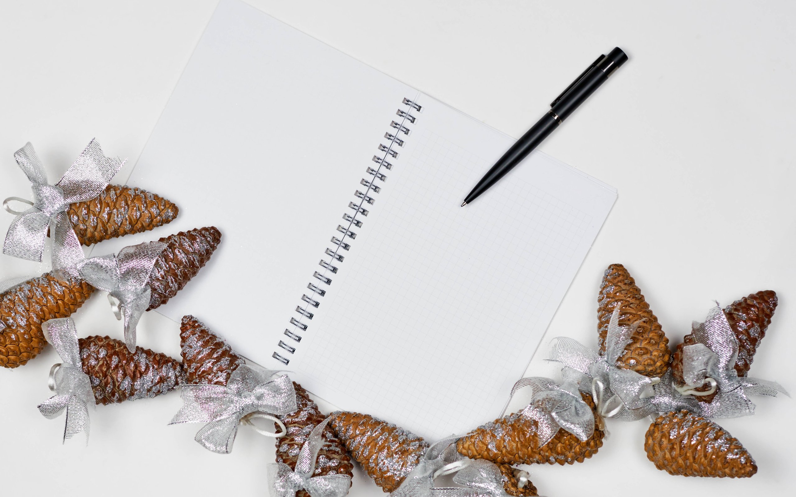 Еловые шишки на столе с блокнотом и ручкой