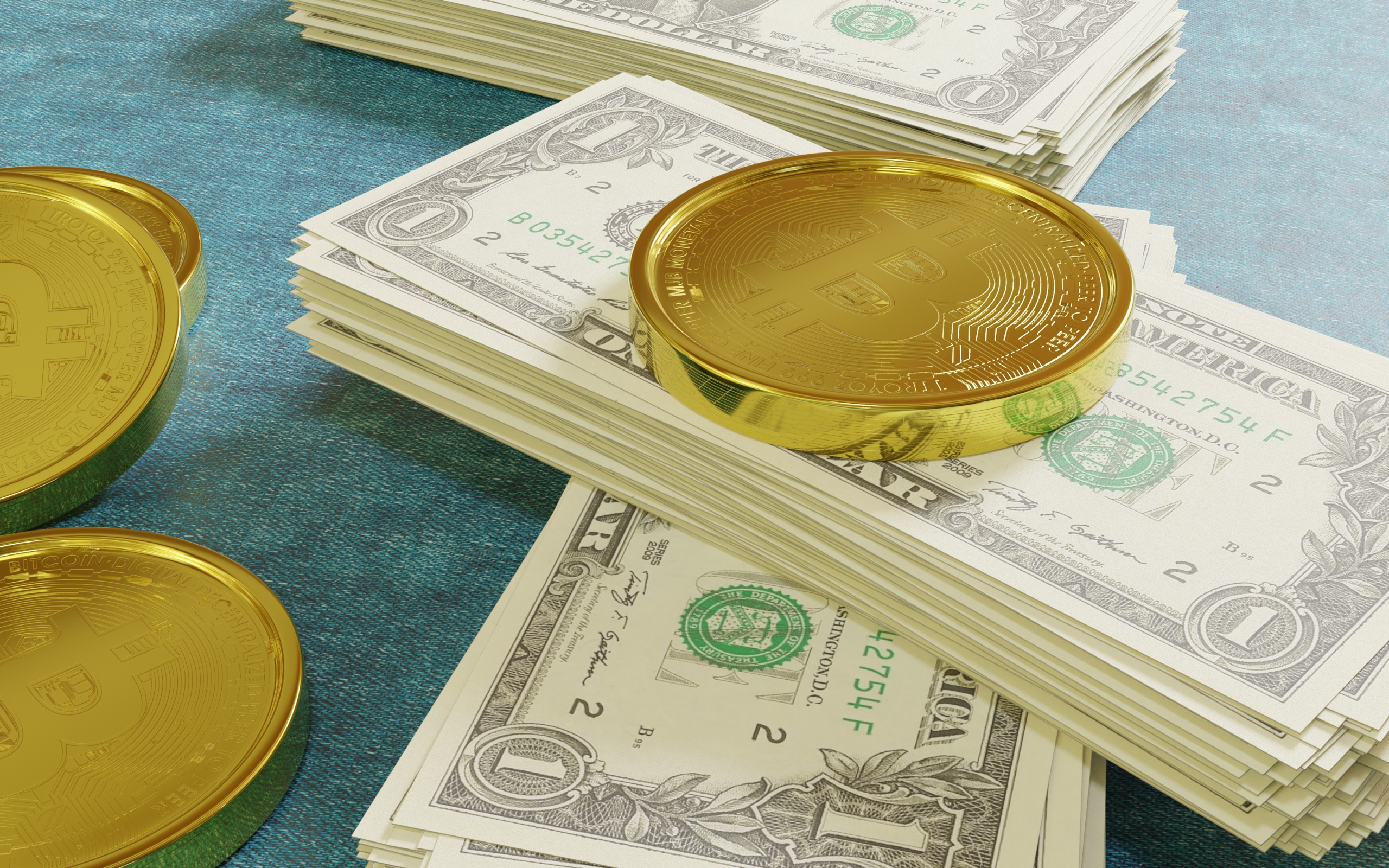 Доллары с золотой монетой биткоин 