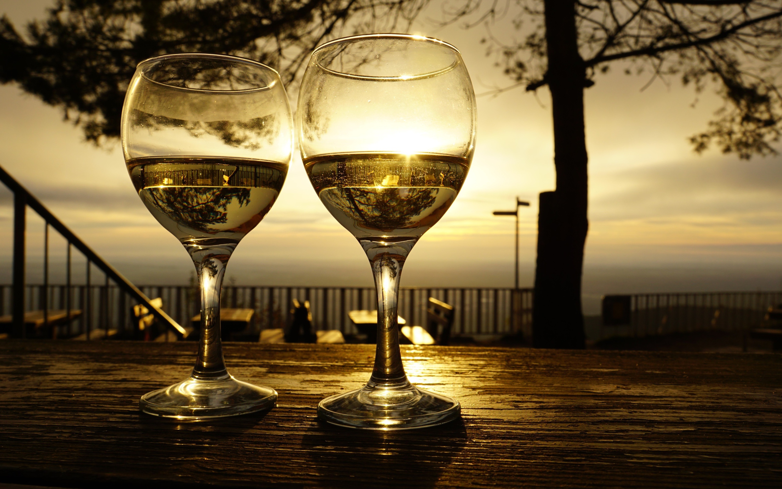 Два бокала белого вина на столе в лучах солнца