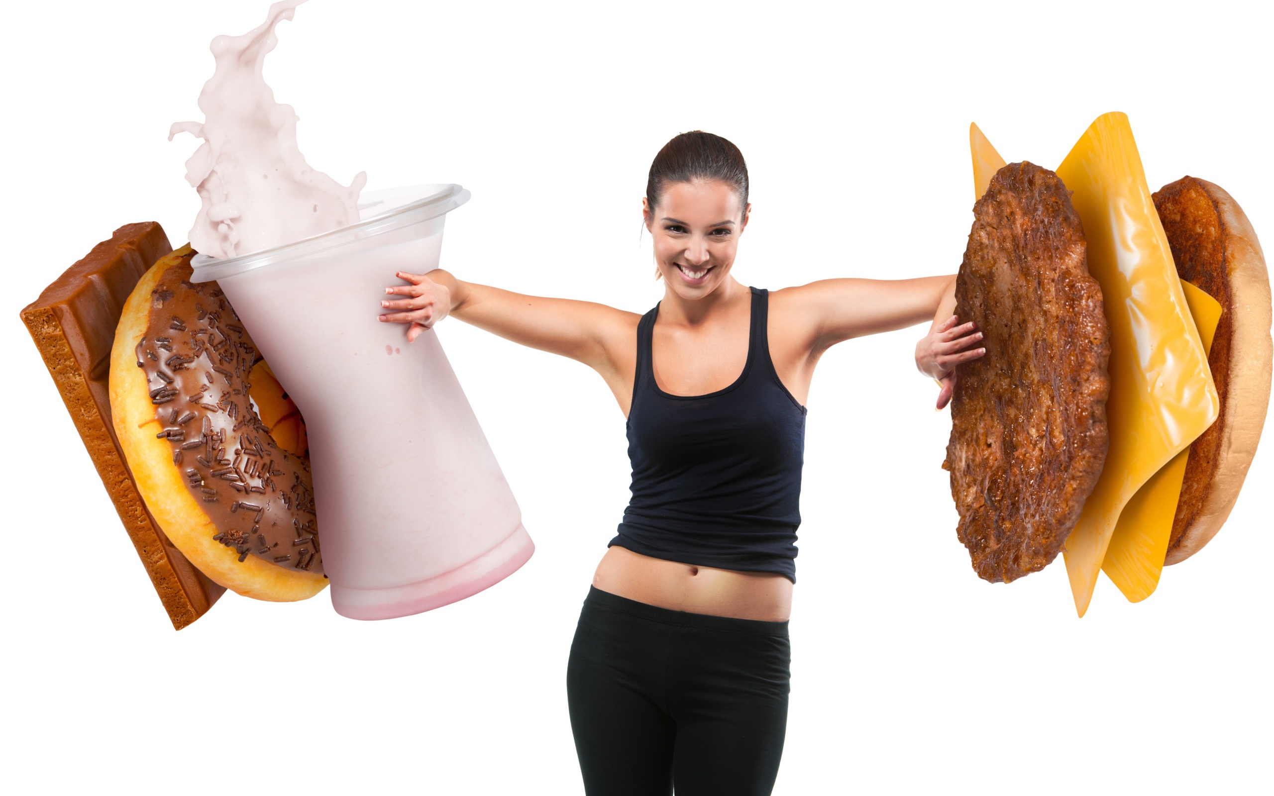 Девушка откидывает гамбургеры на белом фоне 