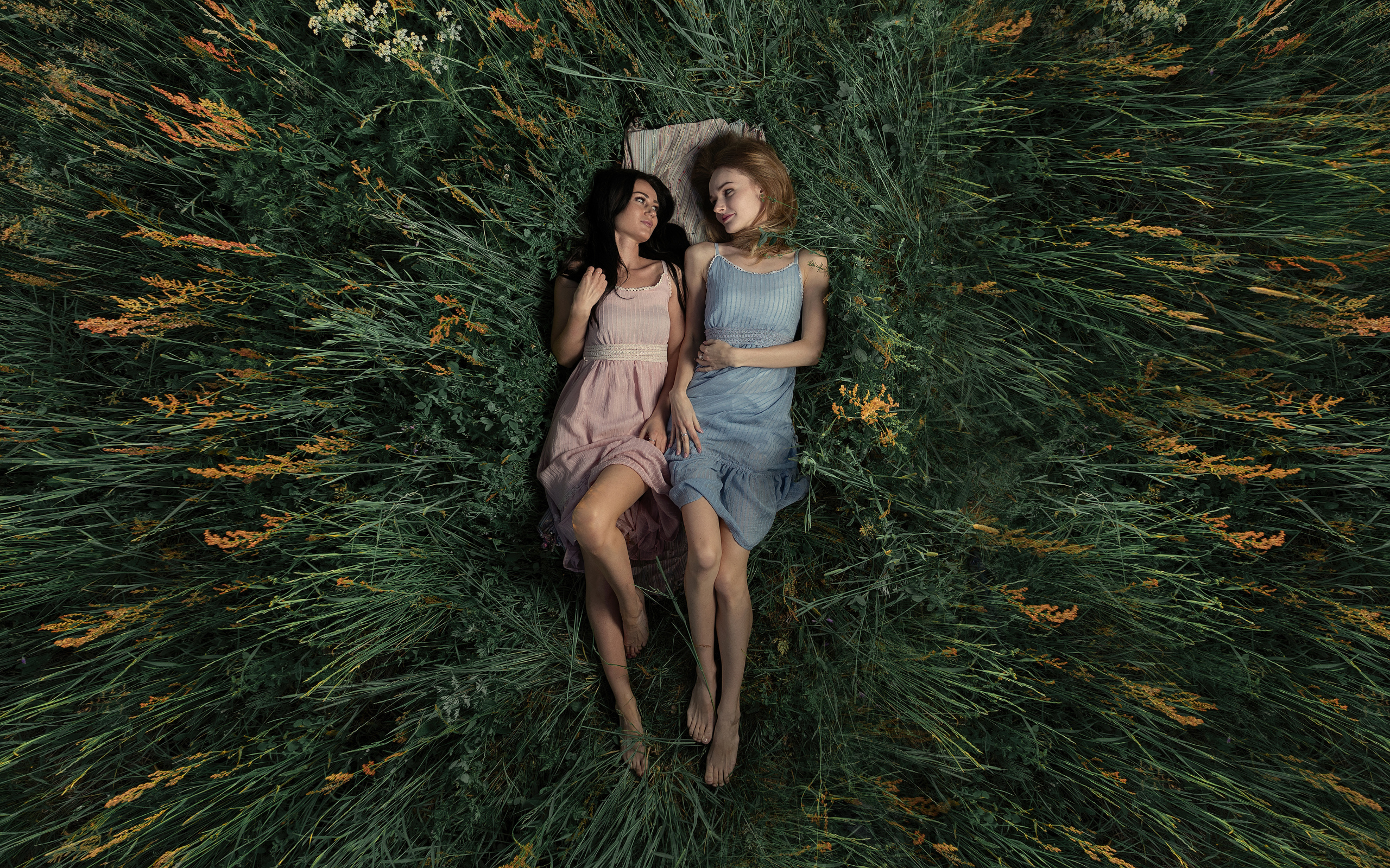 Две девушки лежат в высокой траве