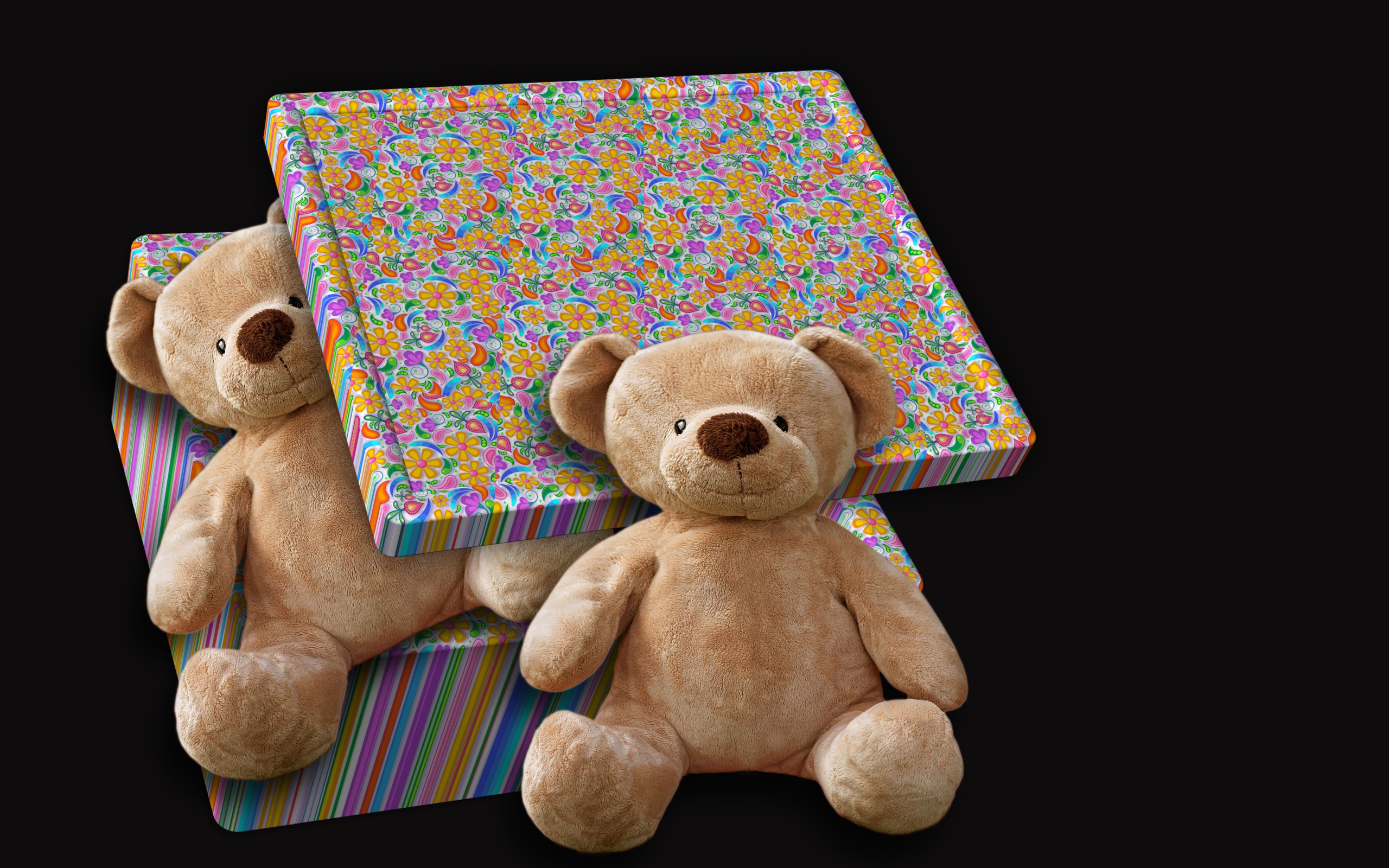 Подарок с плюшевыми медведями на черном фоне