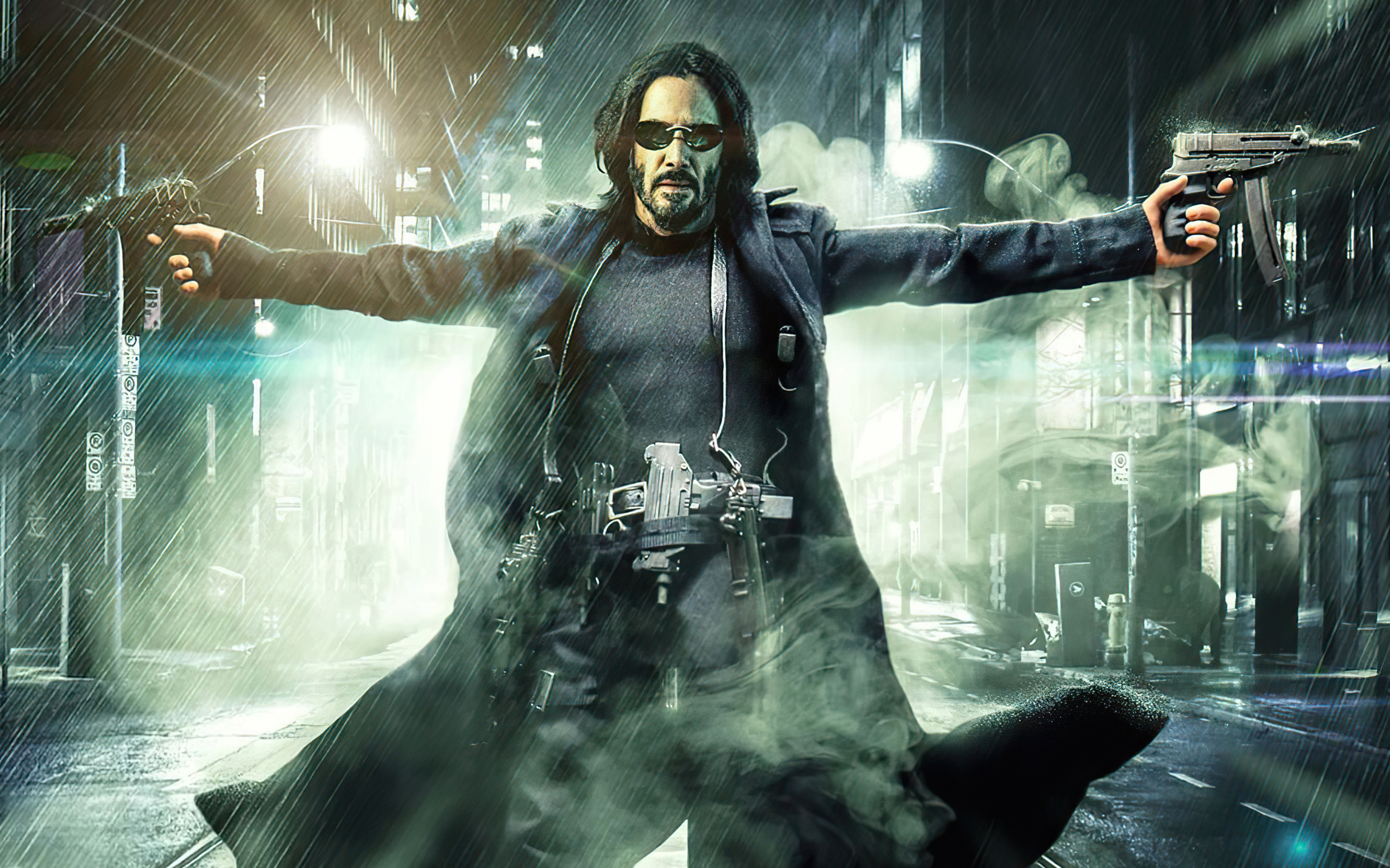 Neo wielding weapons in The Matrix Resurrection, 2021
