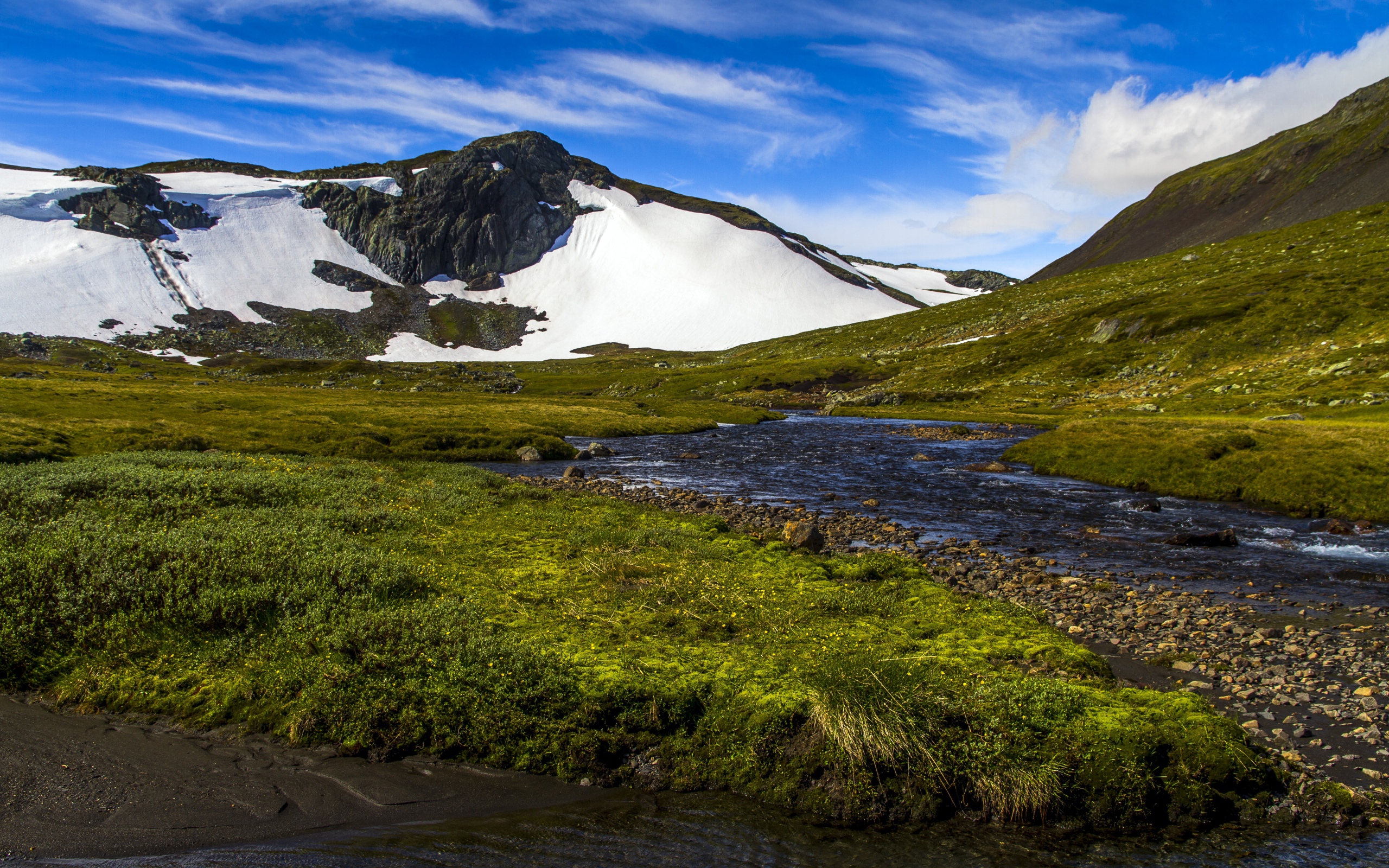 Горная река стекает с заснеженных гор 