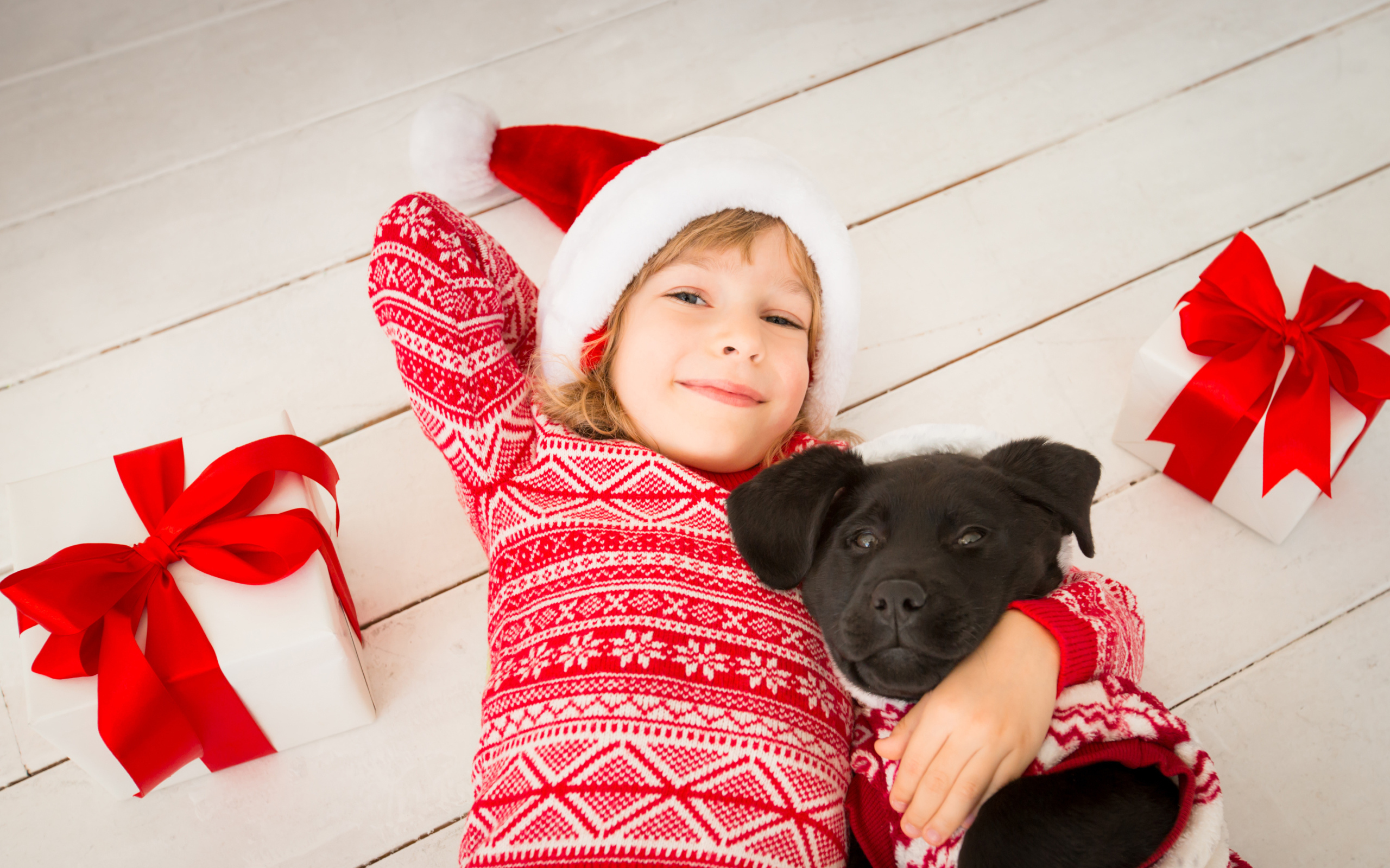 Маленькая девочка с собакой и новогодними подарками