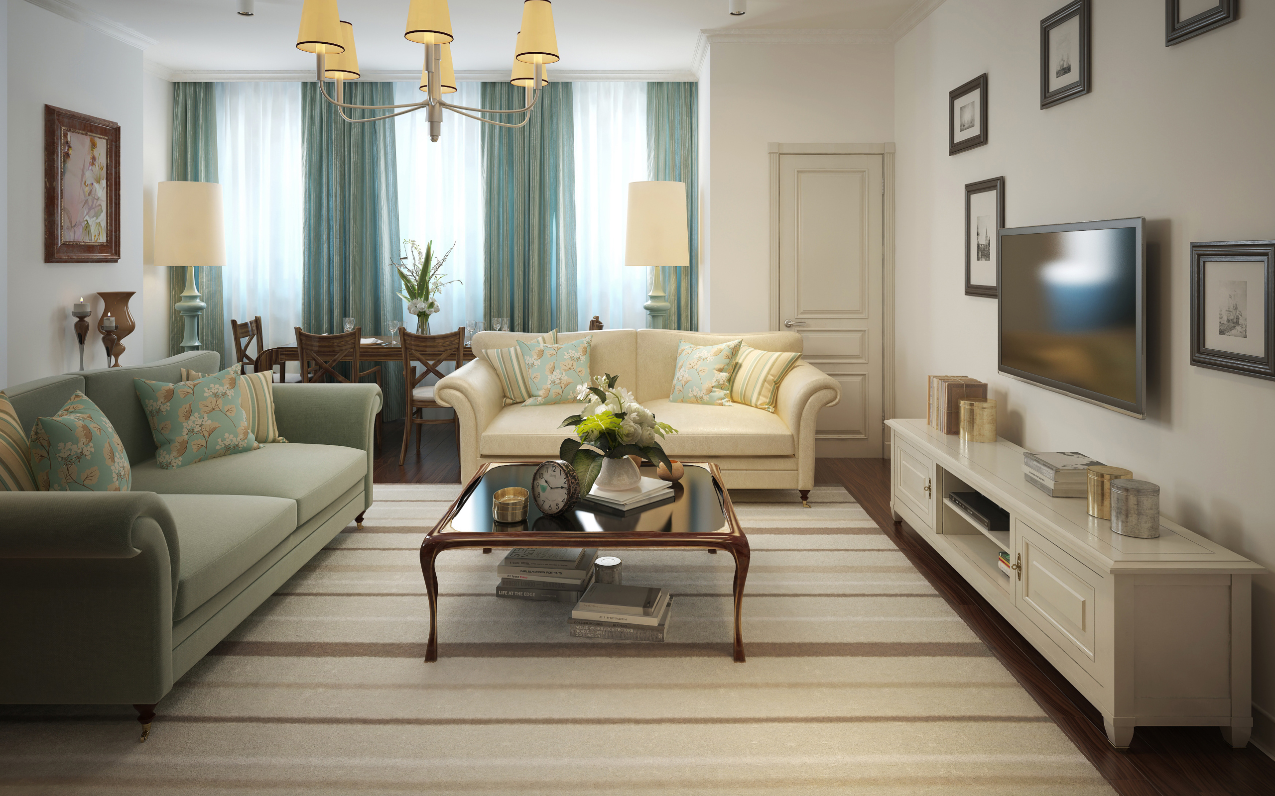 Гостиная комната с голубыми шторами на окне