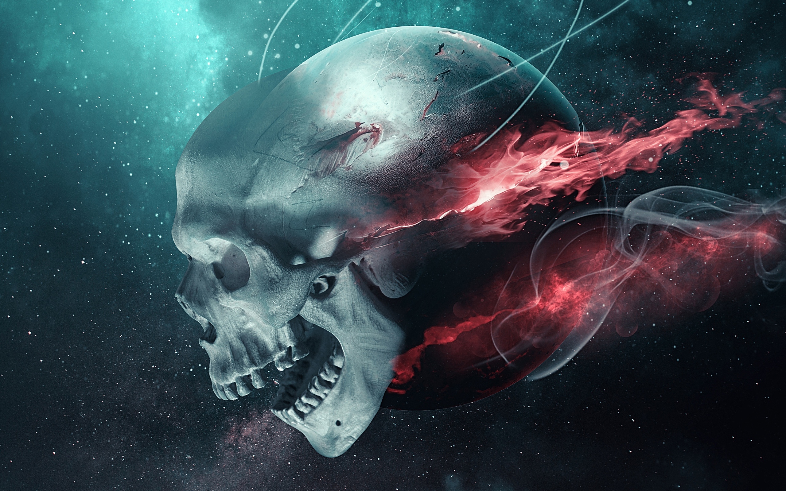 Летящий череп с огненной планетой
