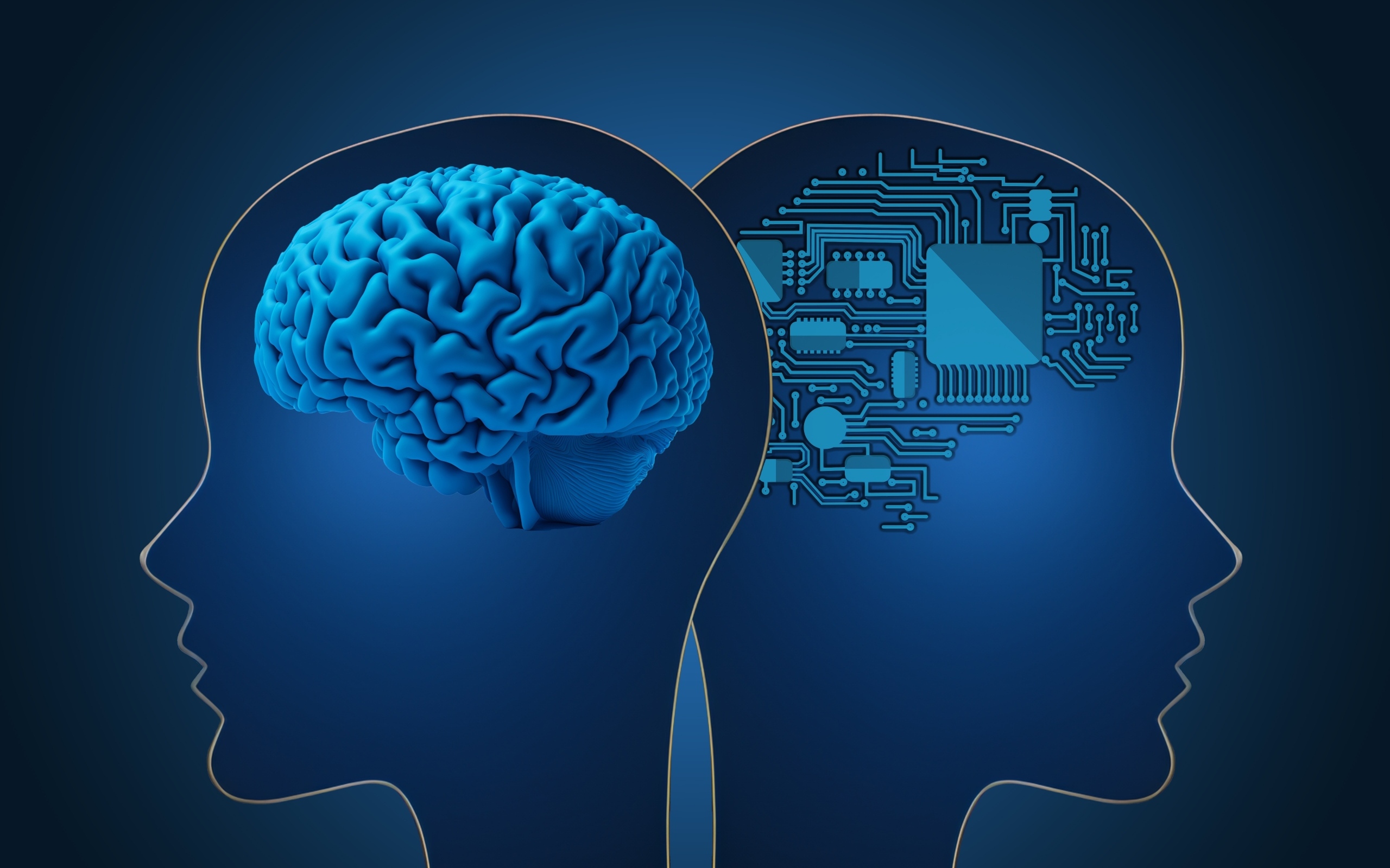 Живой мозг и искусственный интеллект на синем фоне
