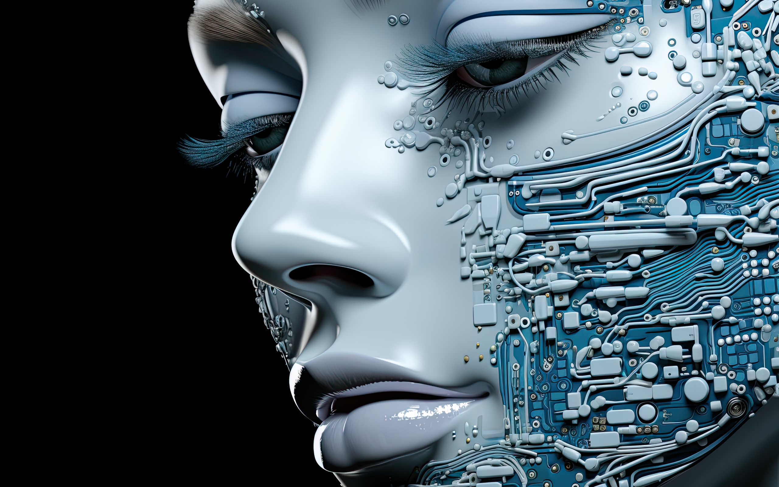 Лицо девушки робота на черном фоне 3д графика