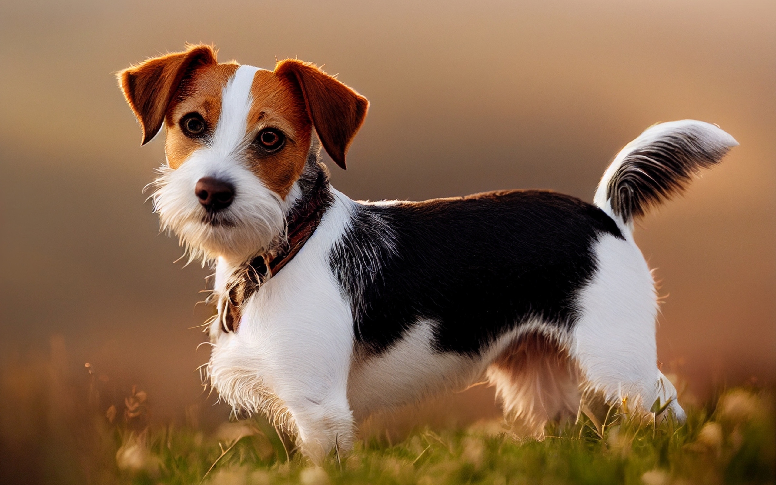 Смешная собака стоит на траве