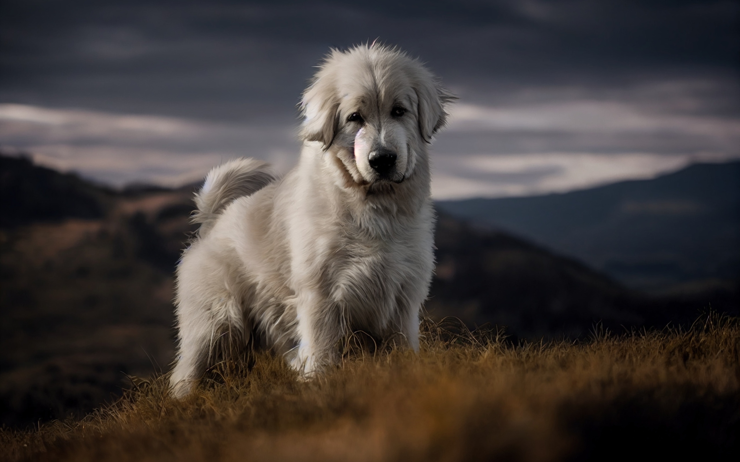Пиренейская горная собака стоит на траве