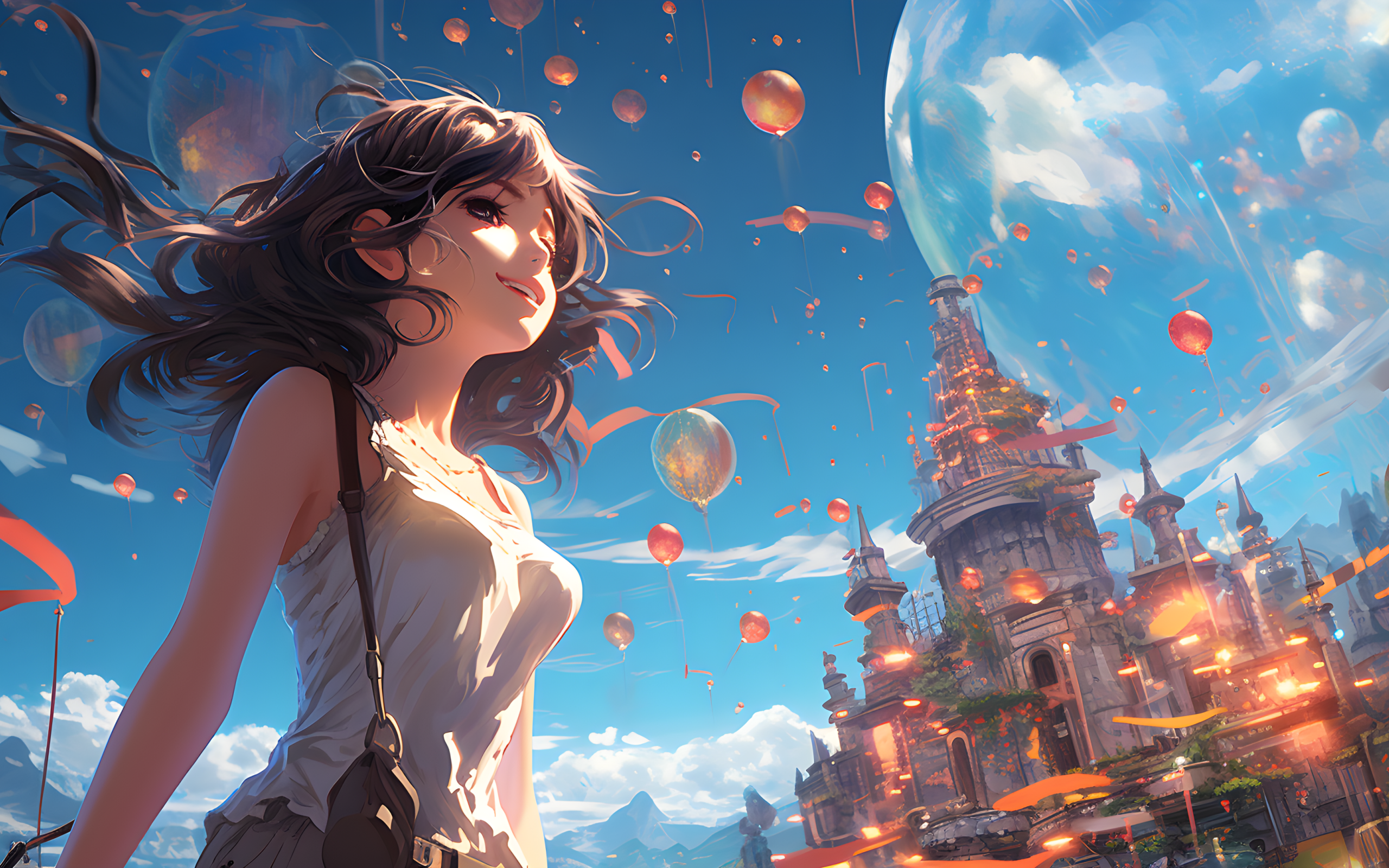 Девушка аниме на фоне замка