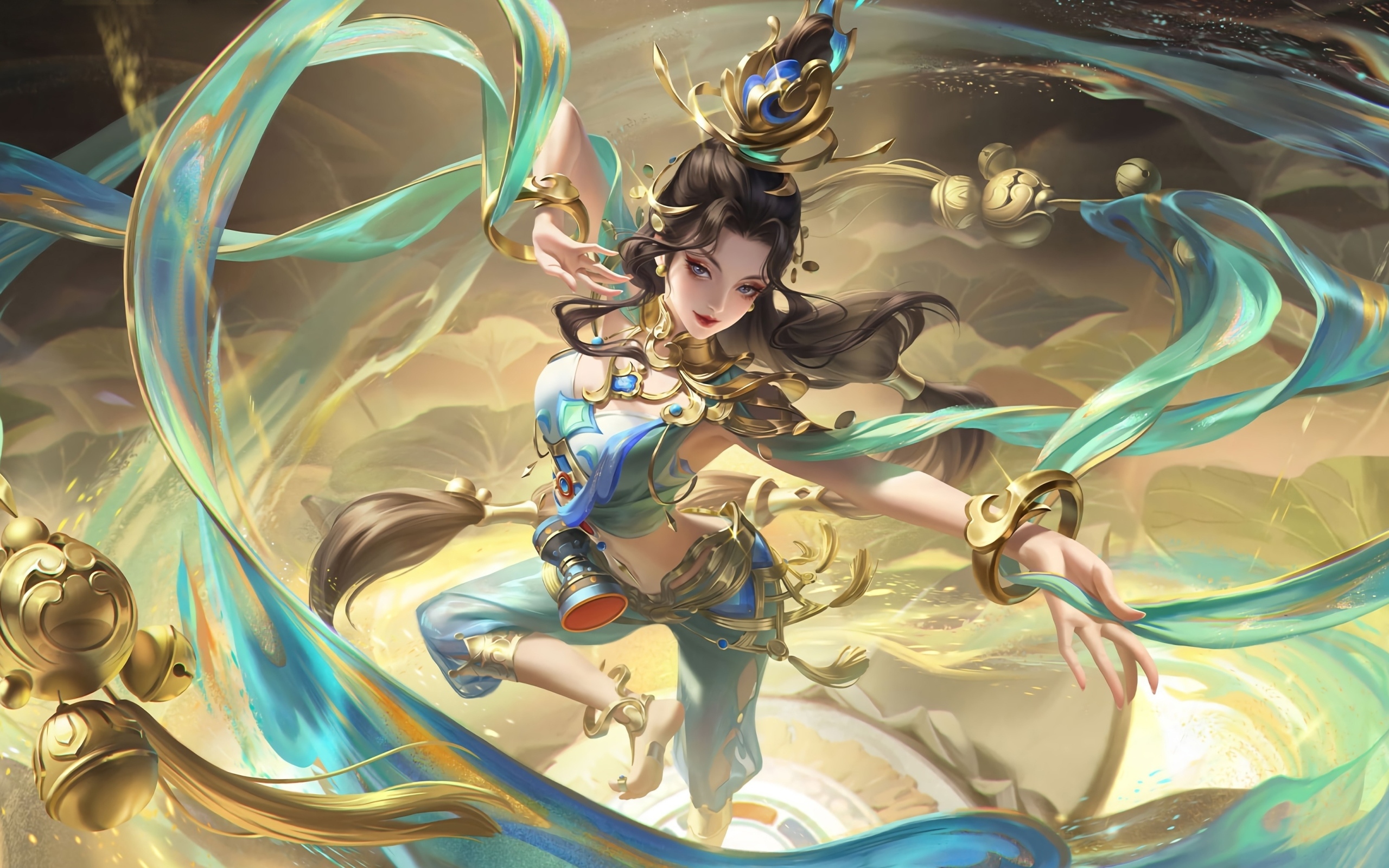 Девушка аниме танцует с голубыми лентами