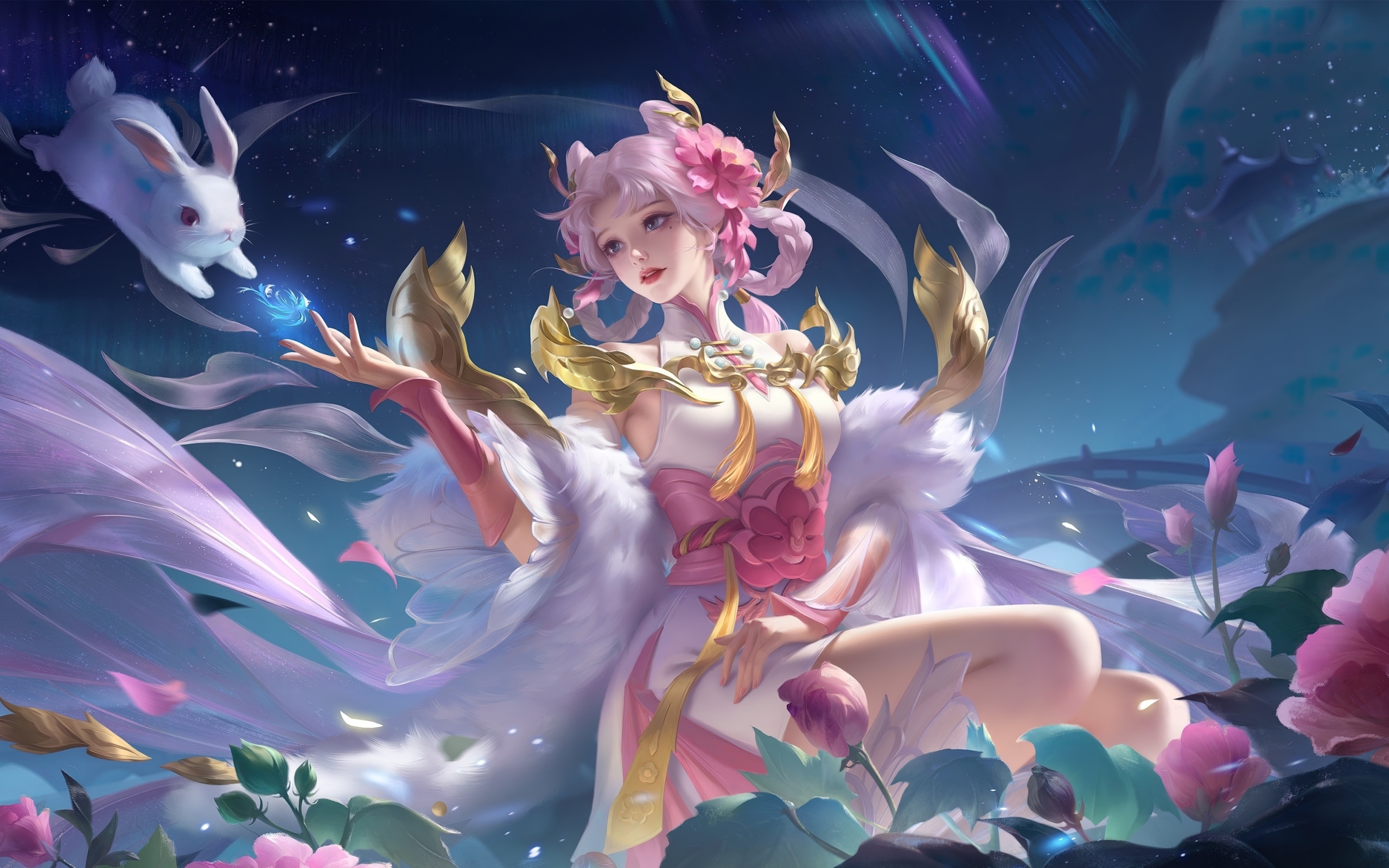 Девушка аниме в воздухе с животными