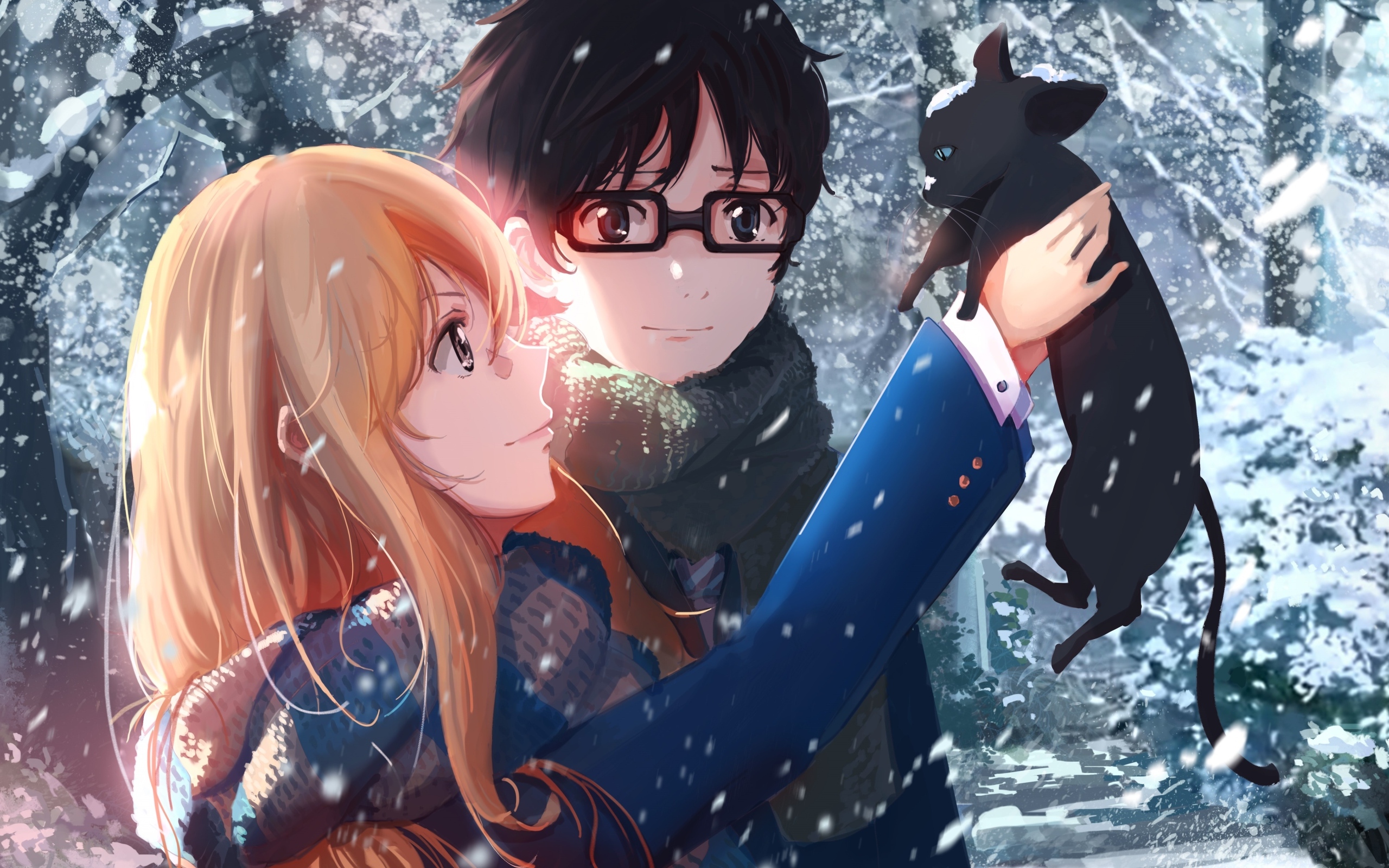 Парень и девушка аниме с котенком в руках