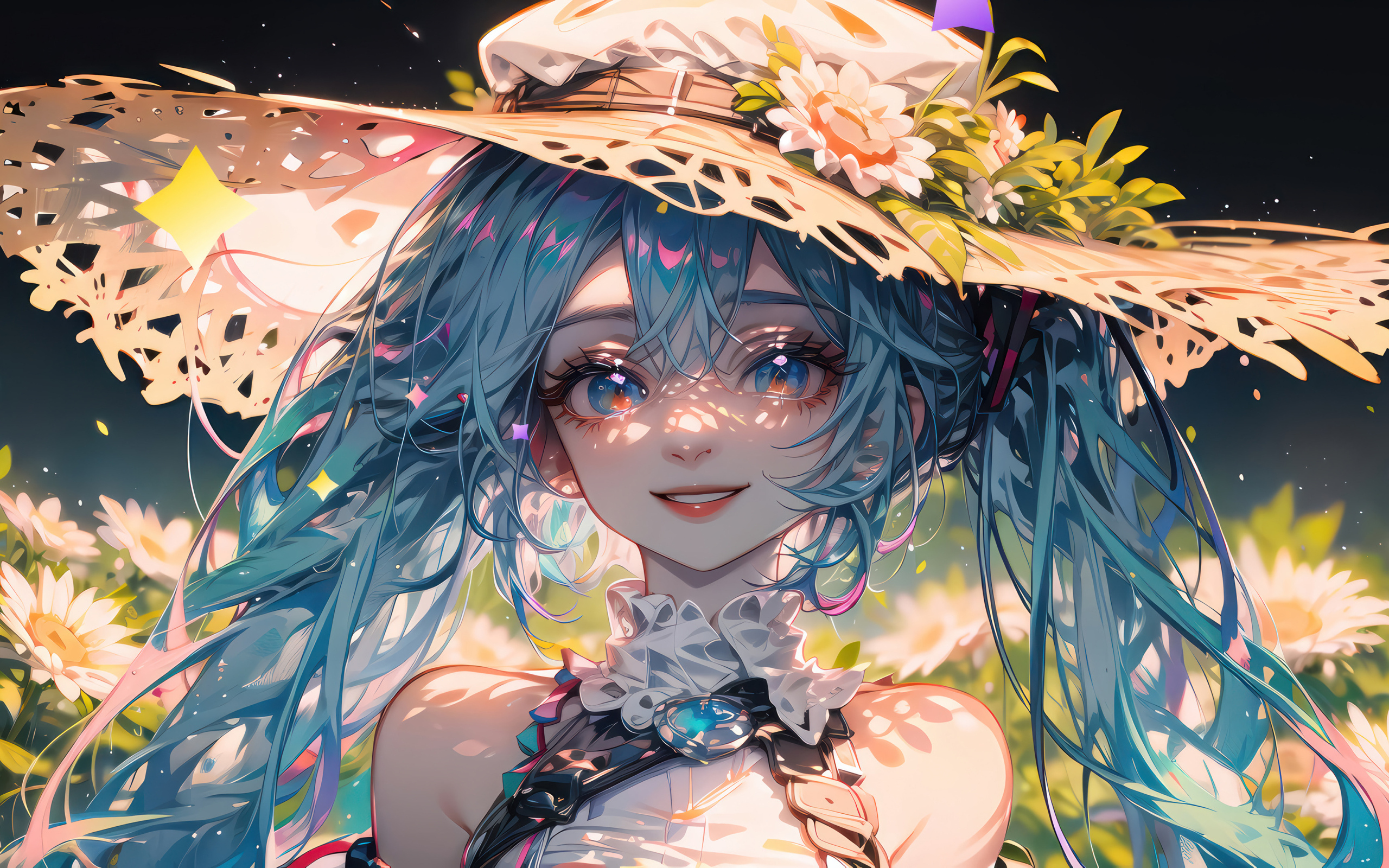 Улыбающаяся девушка аниме с голубыми волосами в большой шляпе