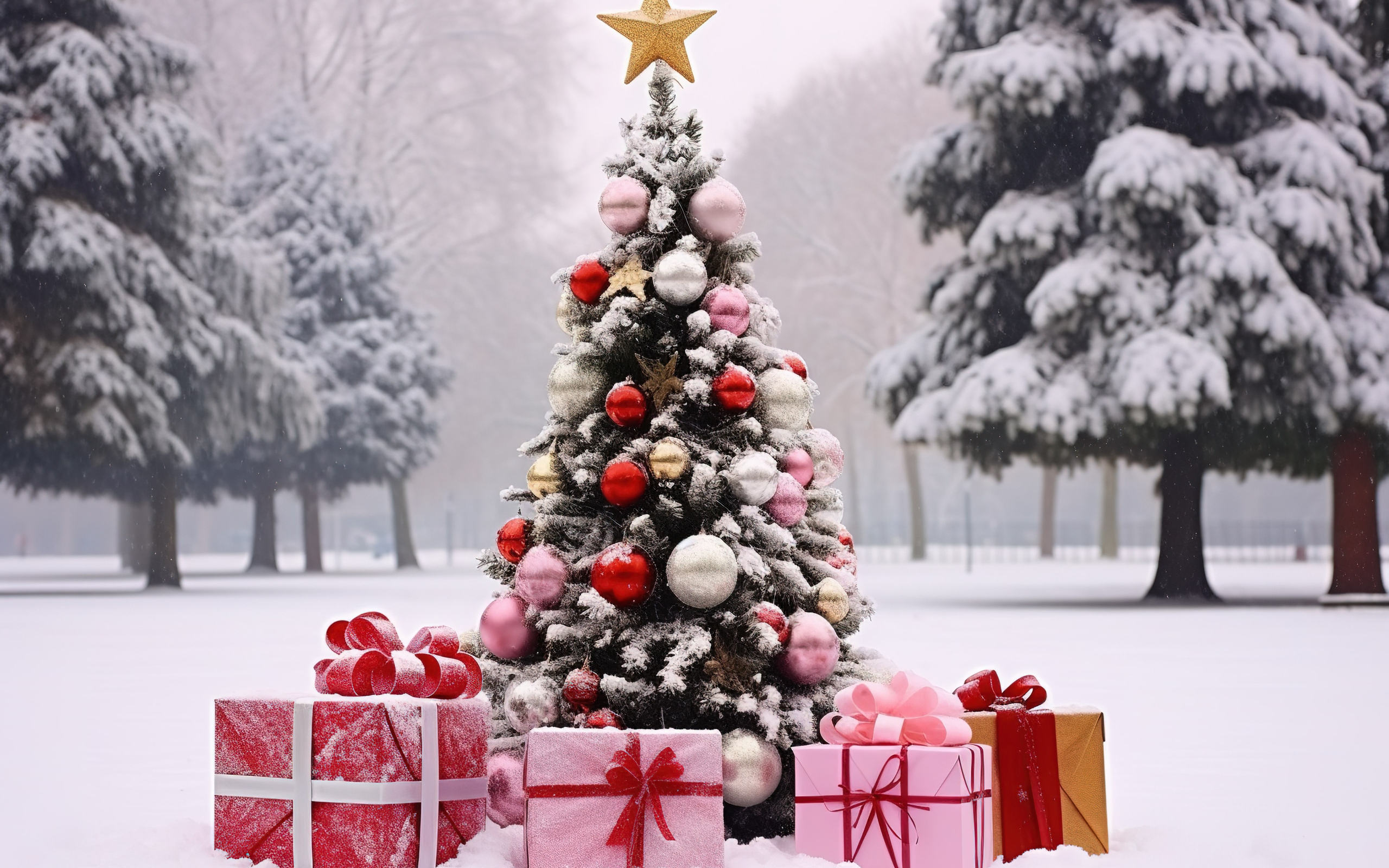 Красивая рождественская ель с подарками на снегу