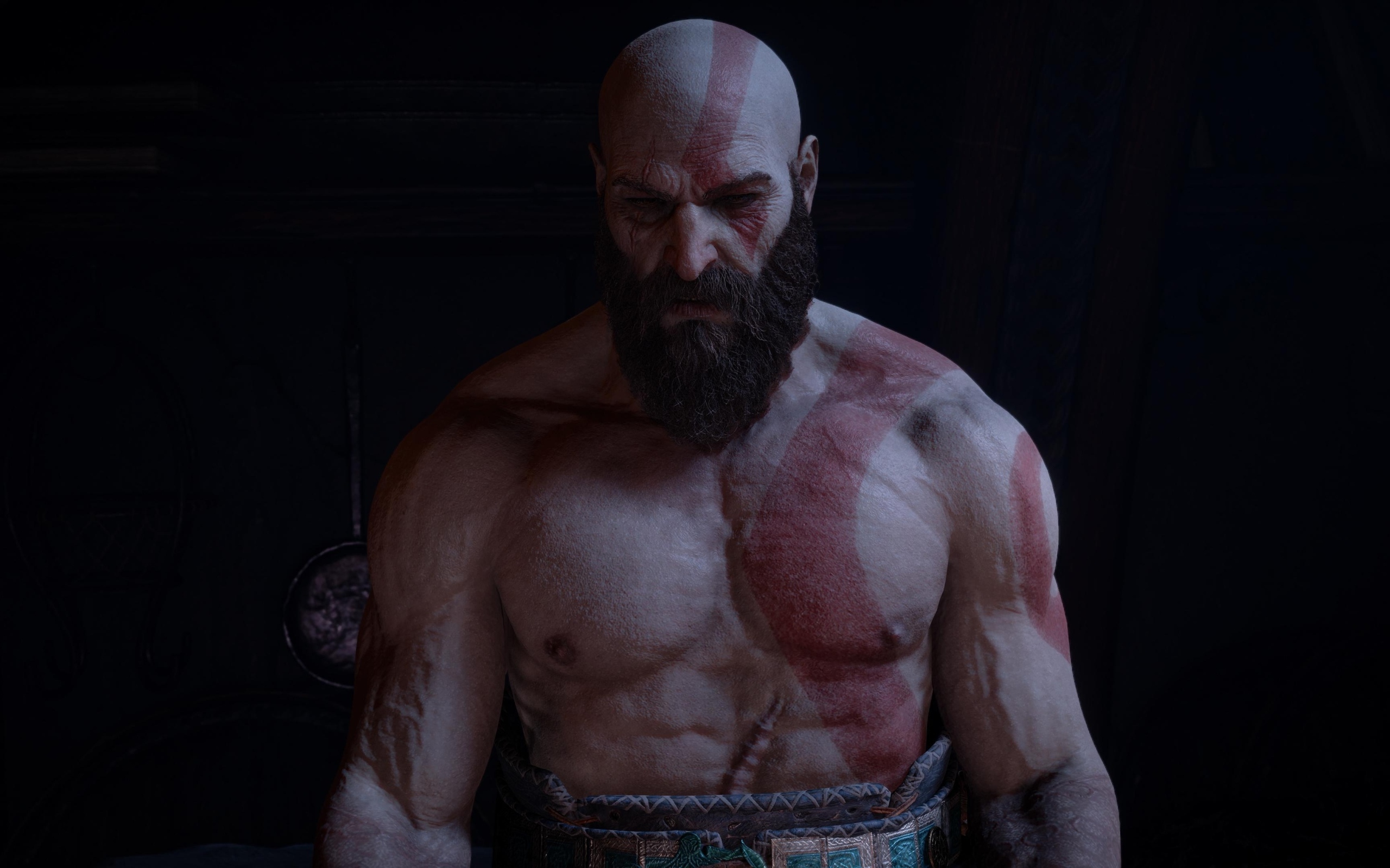 Накаченный мужчина Кратос персонаж компьютерной игры God of war