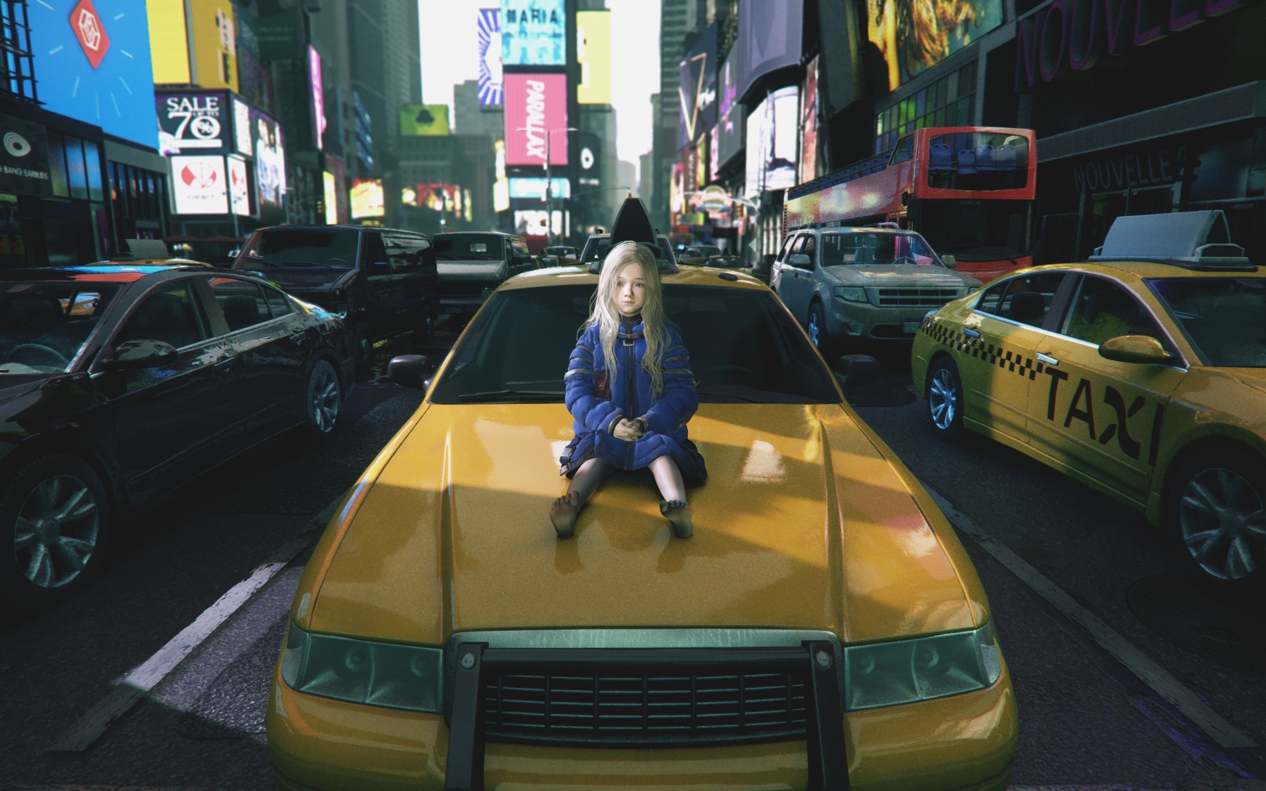 Маленькая девочка сидит на автомобиле, компьютерная игра Pragmata