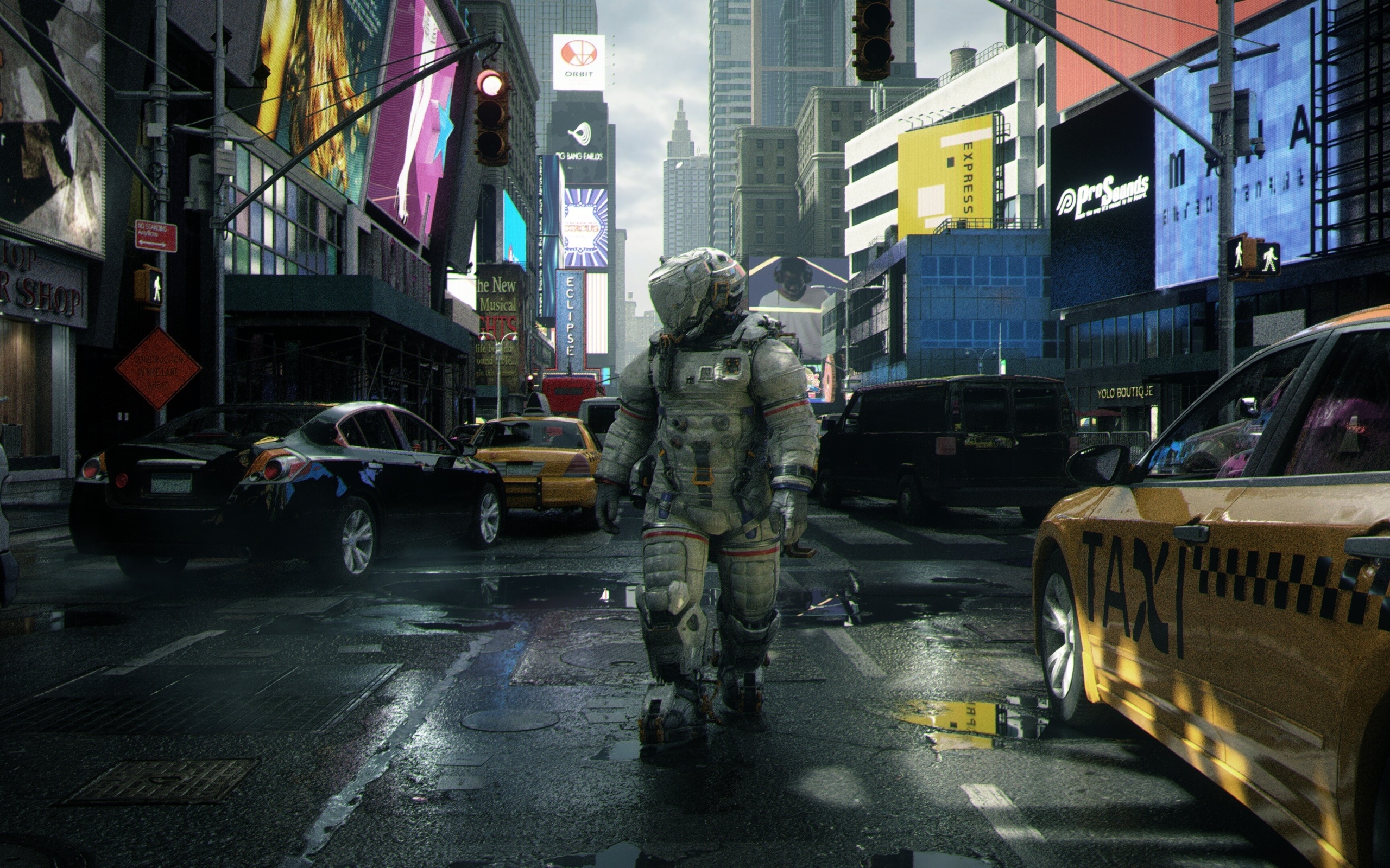 Мужчина астронавт в городе, компьютерная игра Pragmata