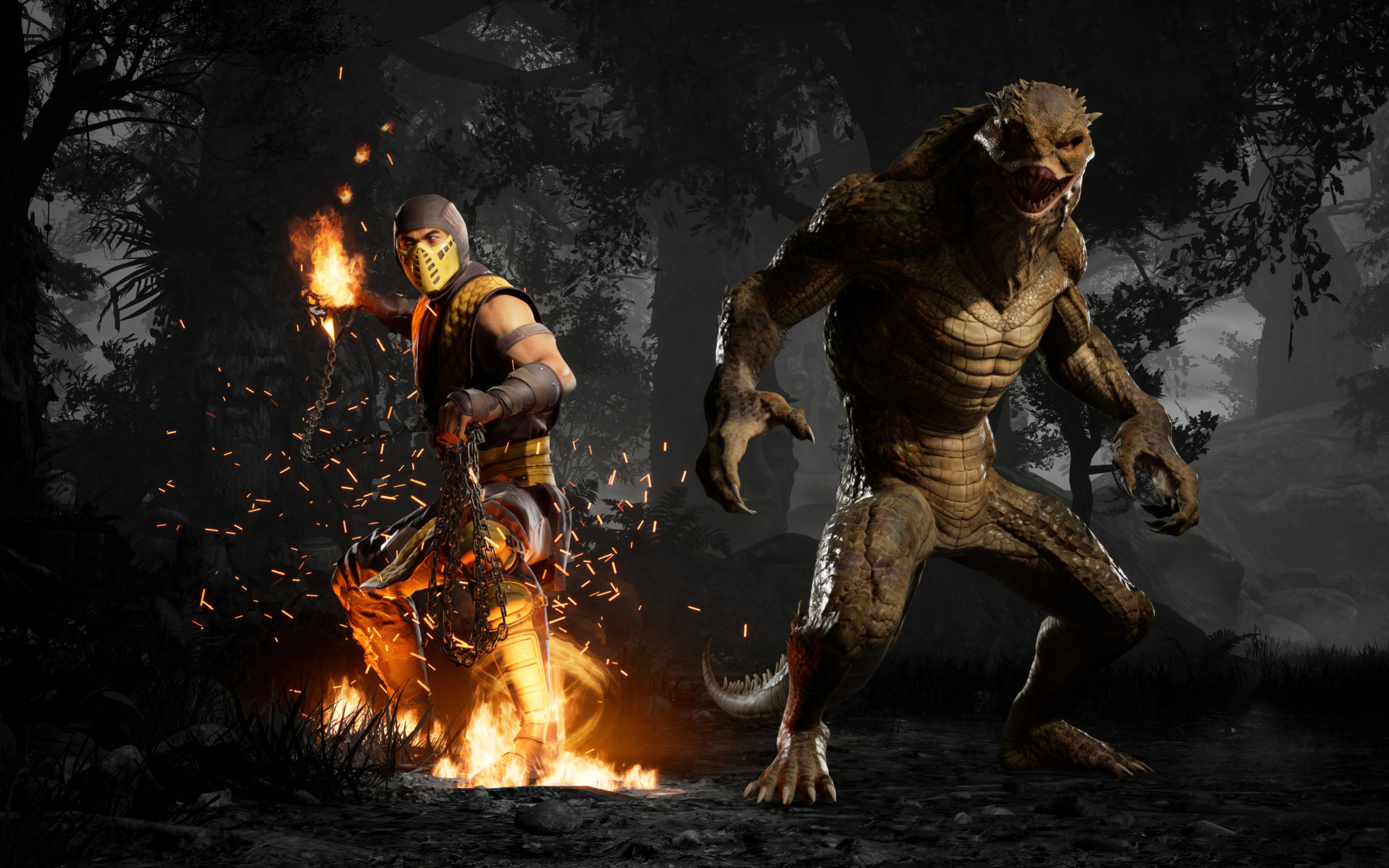 Скорпион сражается с монстром в компьютерной игре Mortal Kombat 1