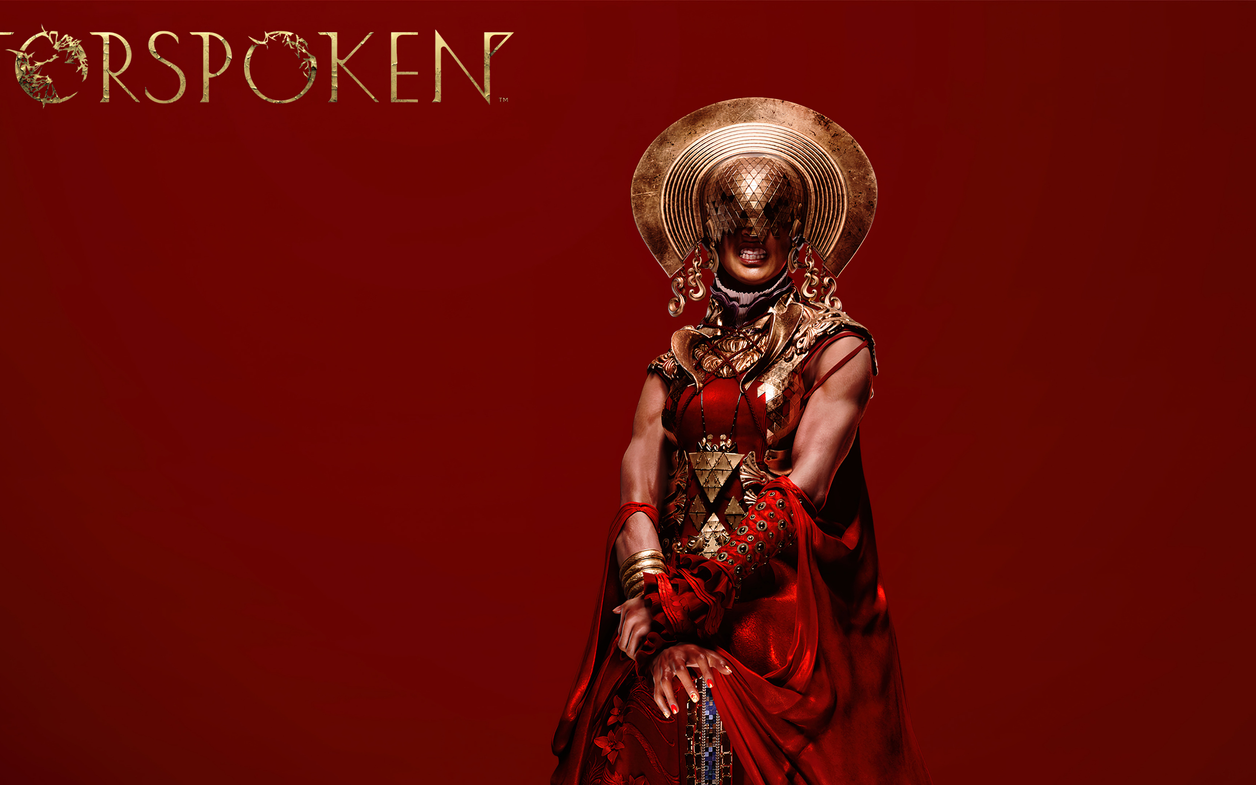 Персонаж компьютерной игры Forspoken на красном фоне