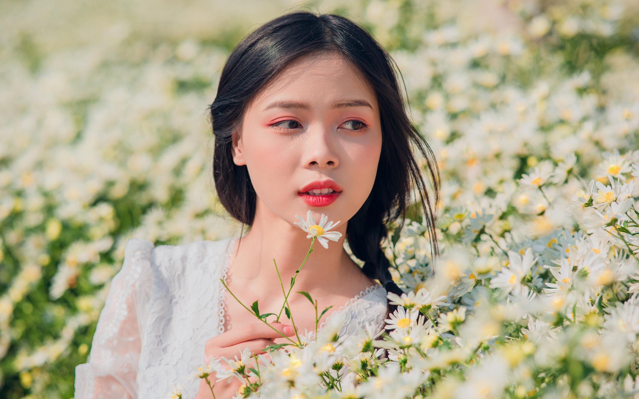 Красивая девушка азиатка на поле с белыми ромашками