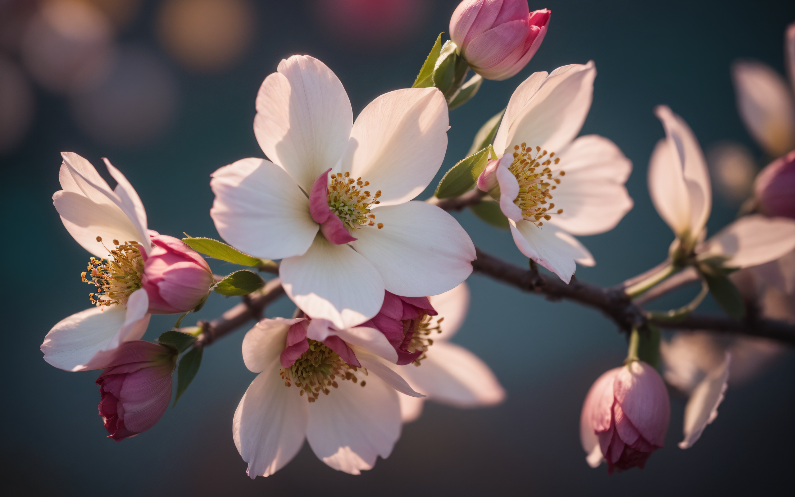 Розовые цветы на ветке в лучах весеннего солнца