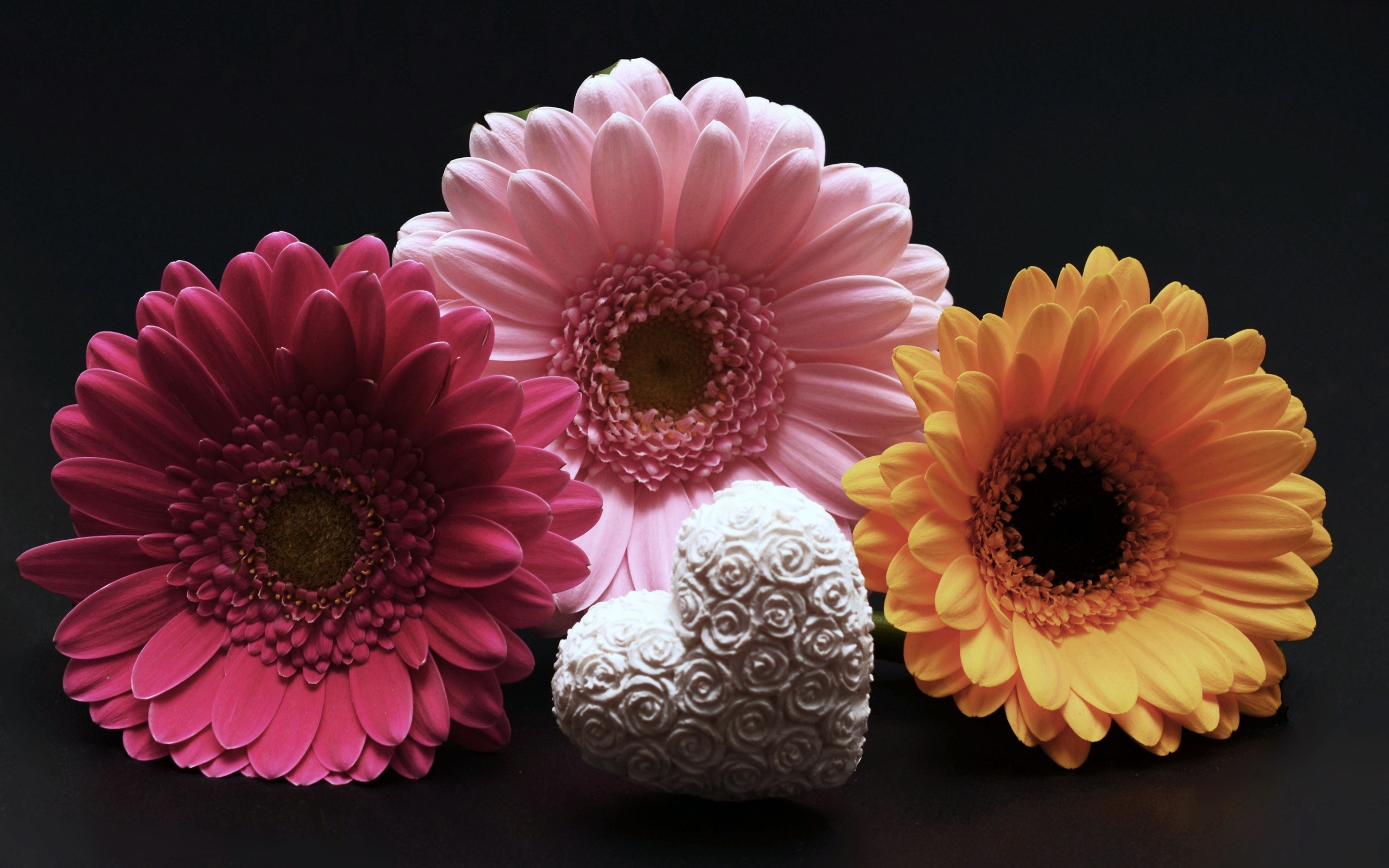 Белое сердце и три герберы на черном фоне