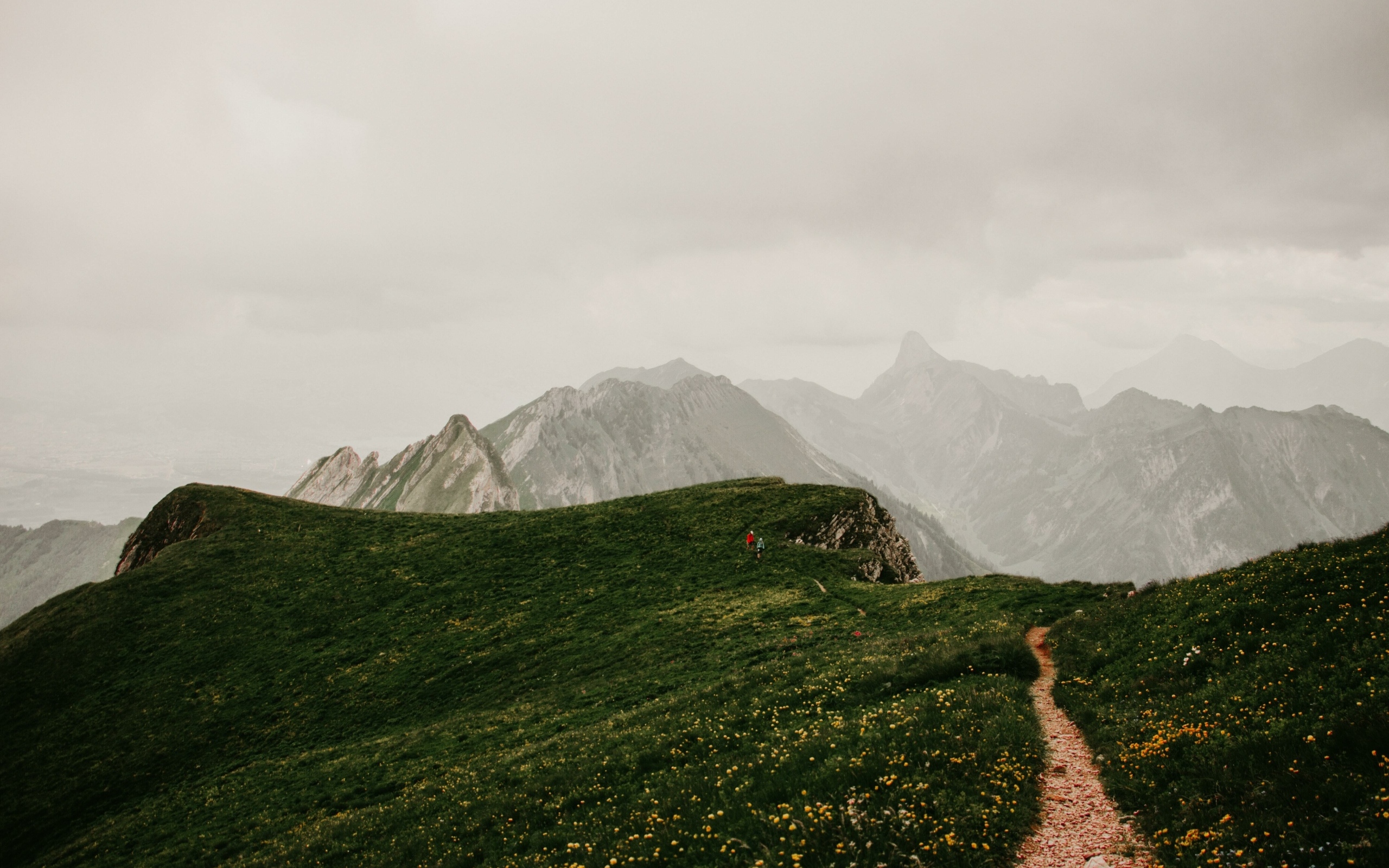 Тропа в покрытых зеленой травой горах