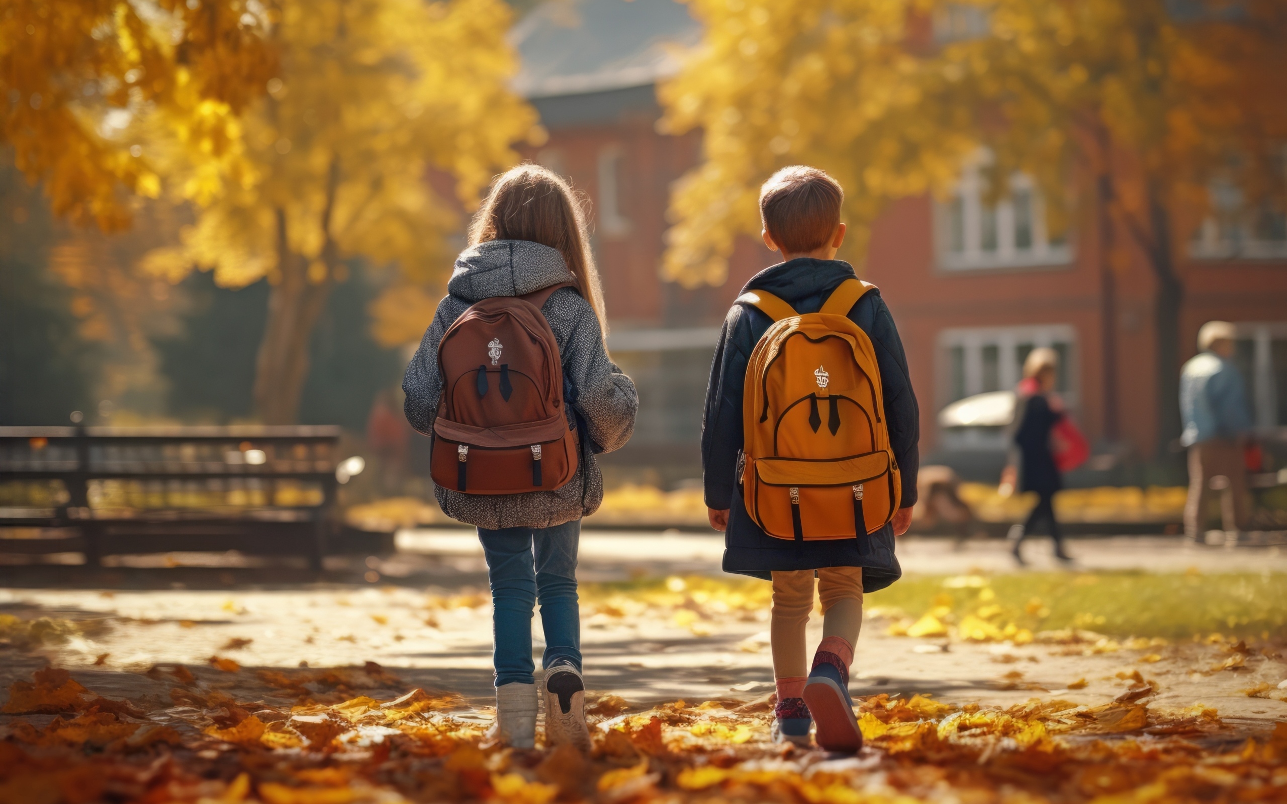 Двое детей школьников с рюкзаками на спине